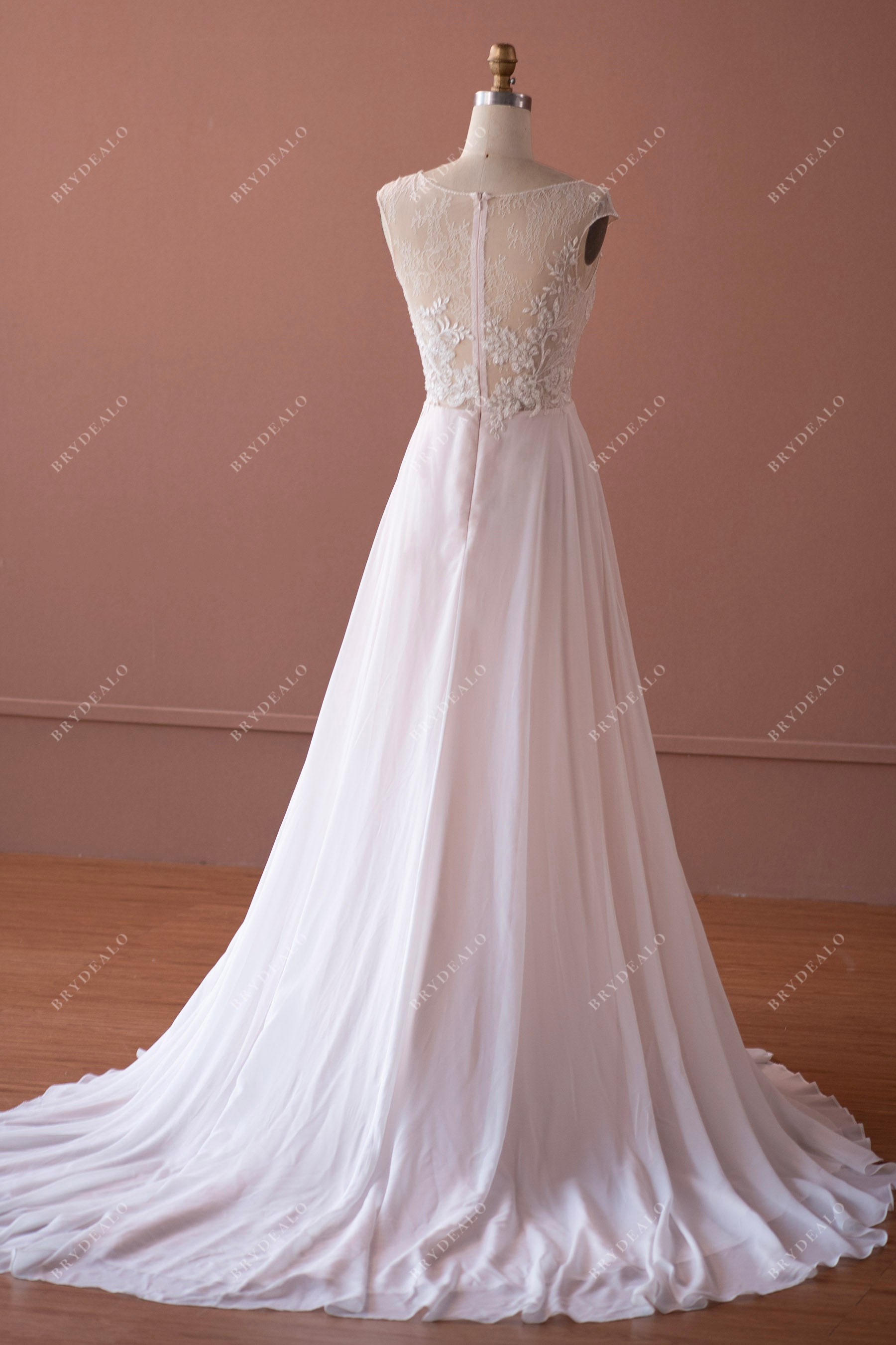 Sweep train flowy chiffon lace wedding dress