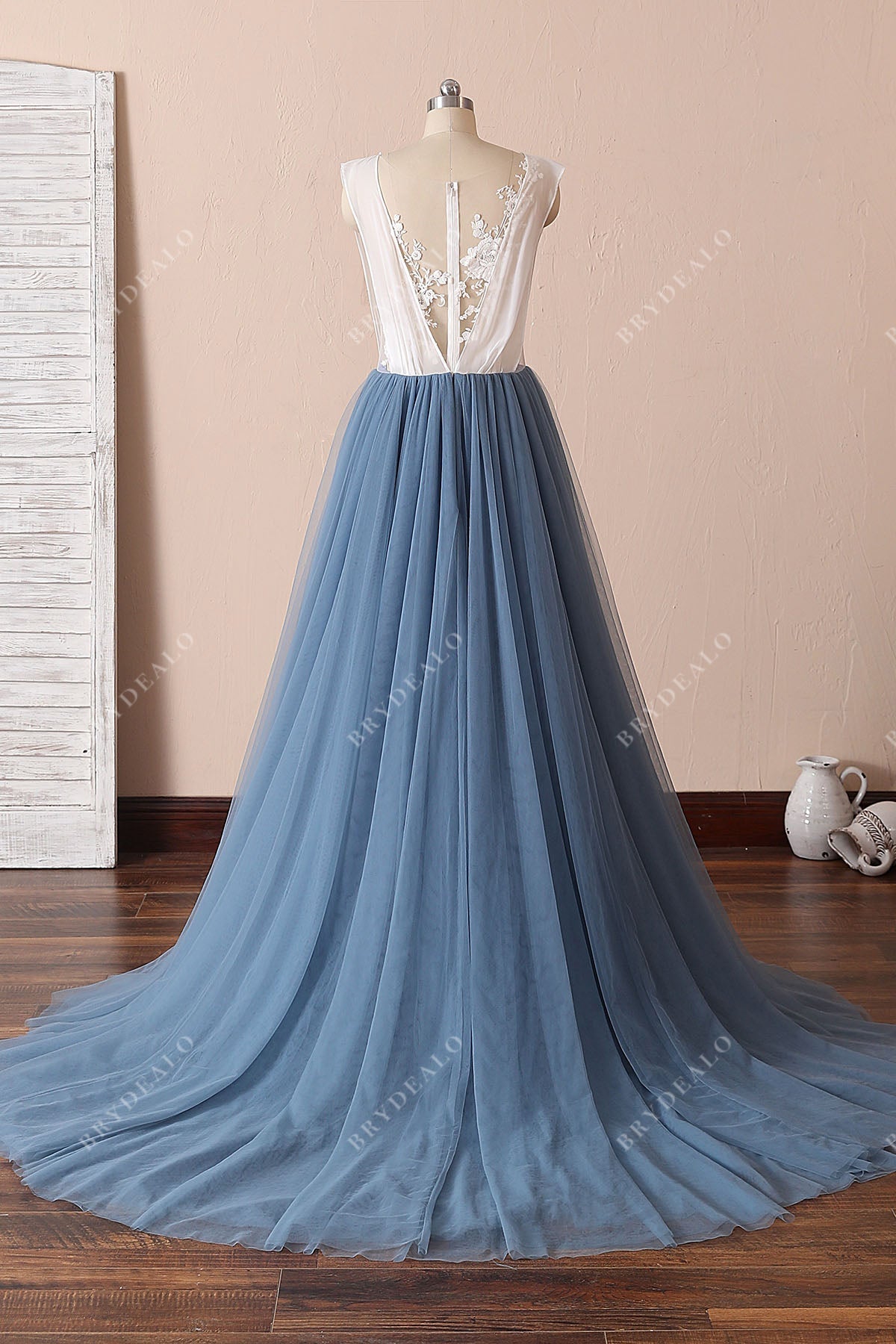 illusion back ivory lace dusty blue tulle bridal dress