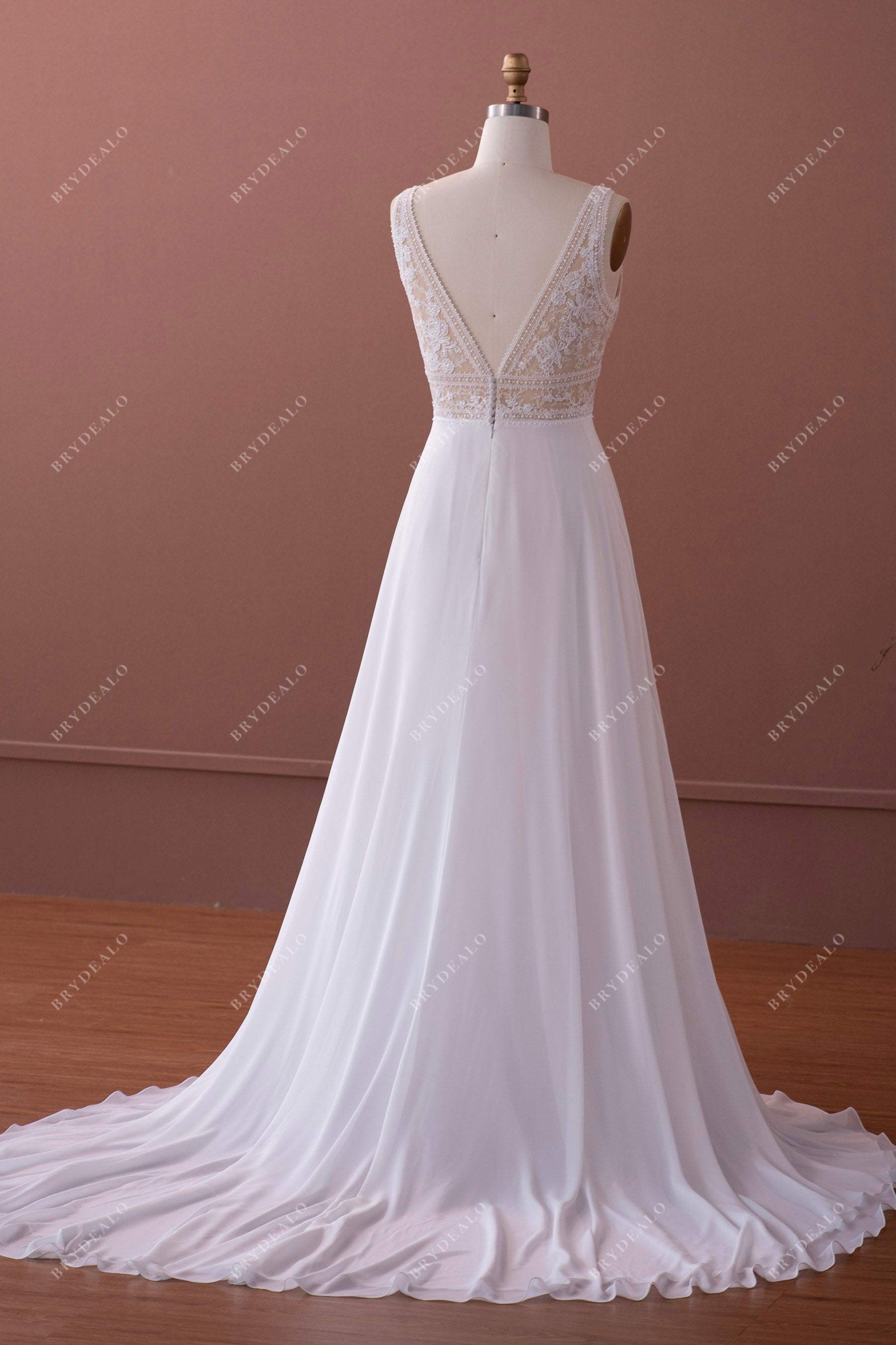 illusion back lace chiffon long train wedding dress