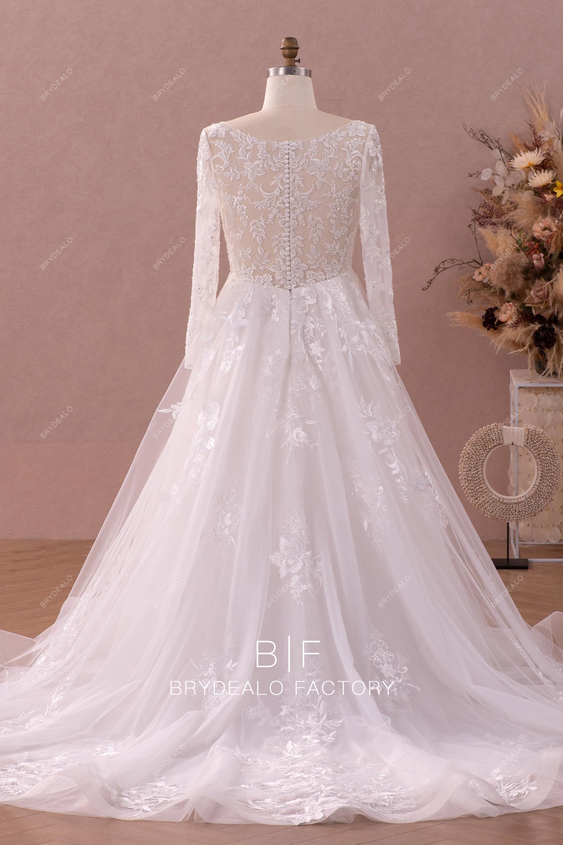 illusion back A-line lace tulle wedding dress
