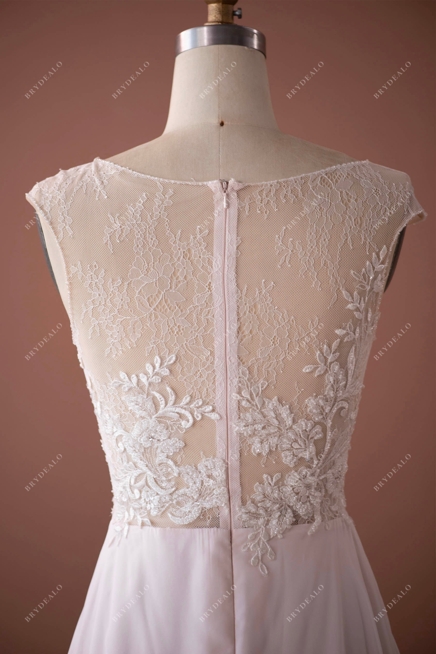 Boat backline illusion lace wedding dress