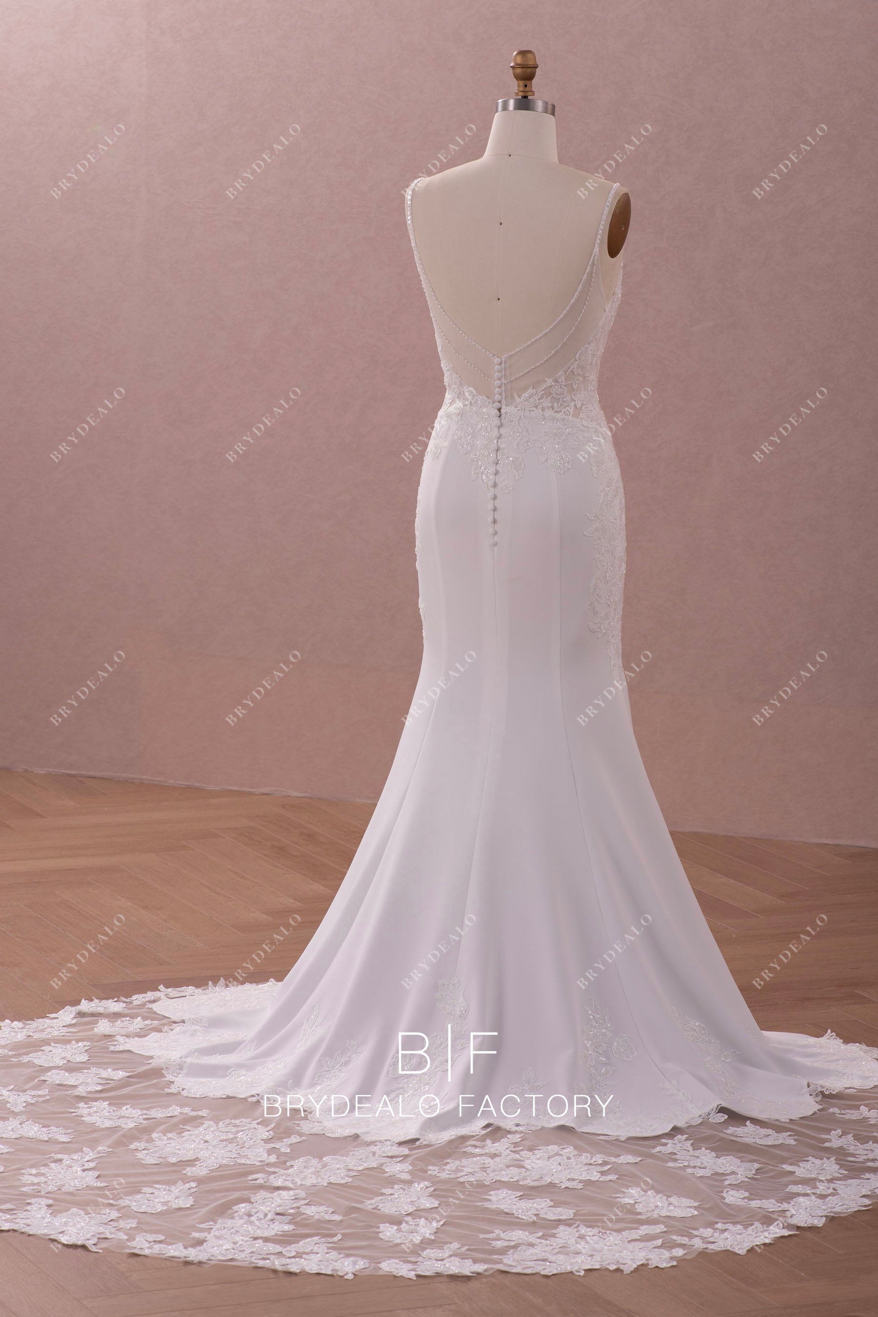 Designer Illusion Lace Cutout Chapel Train Mermaid Bridal Gown