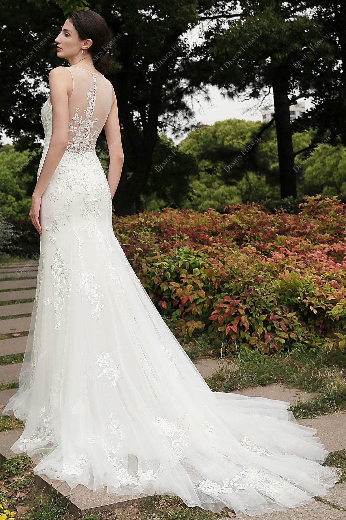 Boho Mermaid Wedding Dress Flower Appliques Deep V Neck Bridal Gown WD637