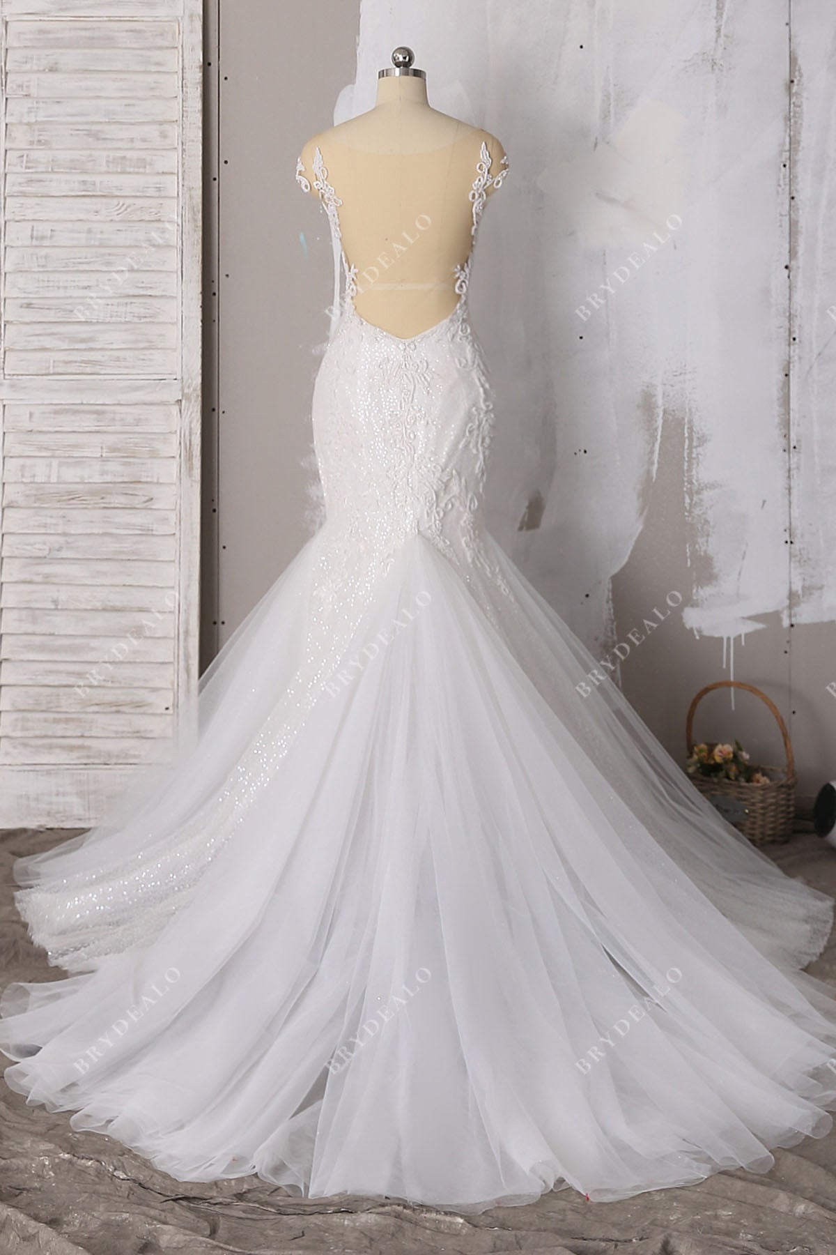 long train trumpet illusion back tulle lace  bridal gown