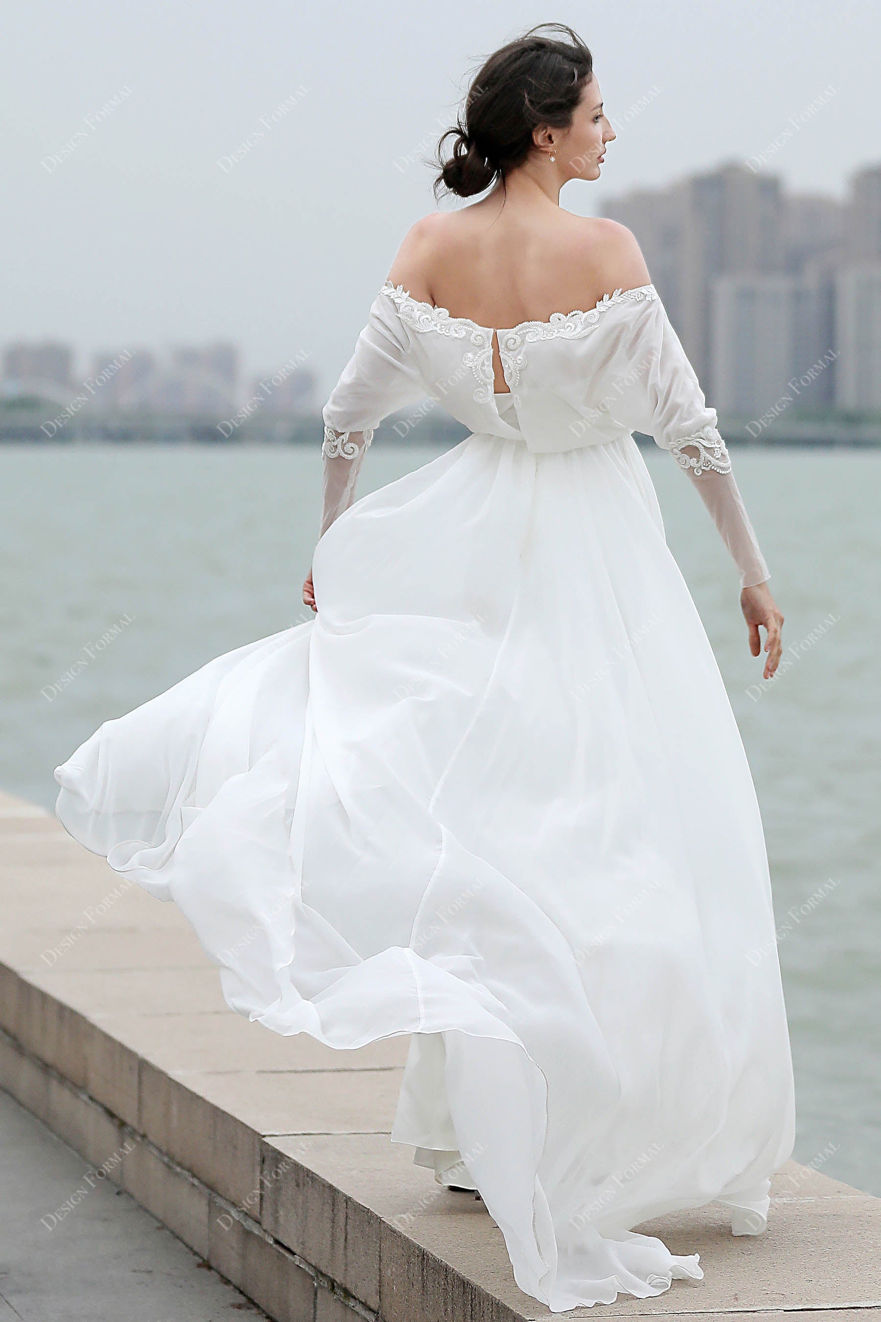 Keyhole Back Sheer Sleeves Beach Wedding Dress