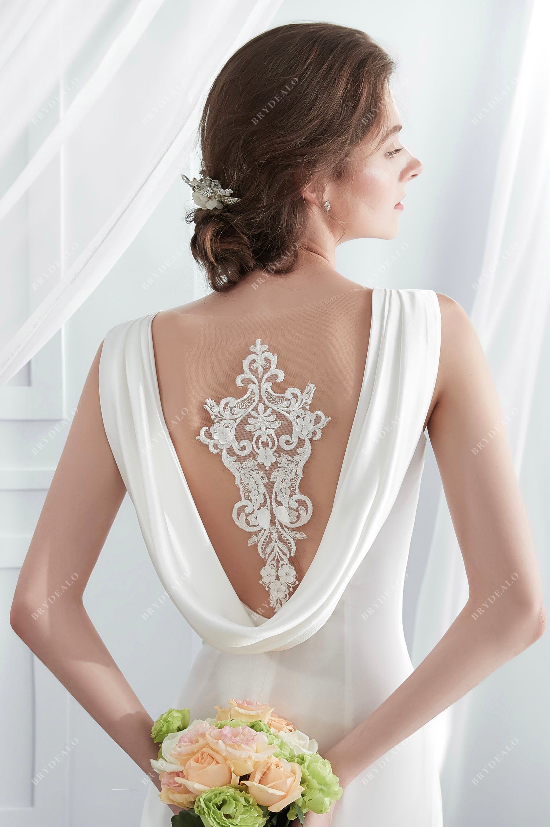 illusion beaded cowl back wedding gown