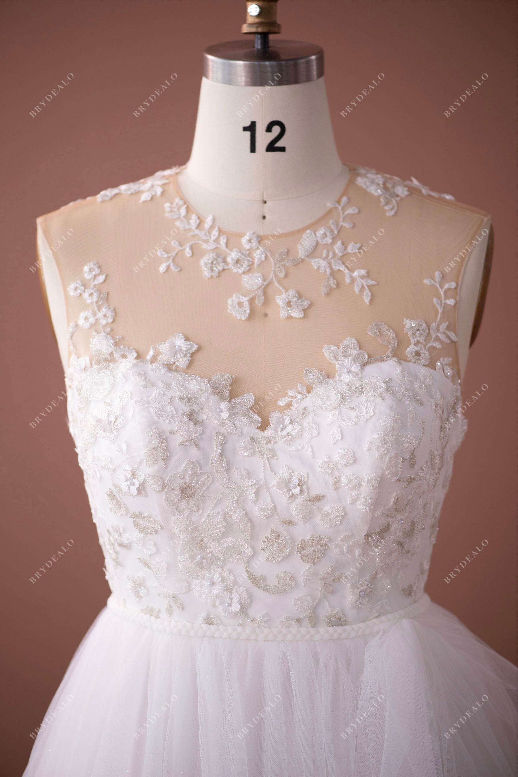 boat neck illusion beaded flower lace sleeveless gorgeous wedding dress