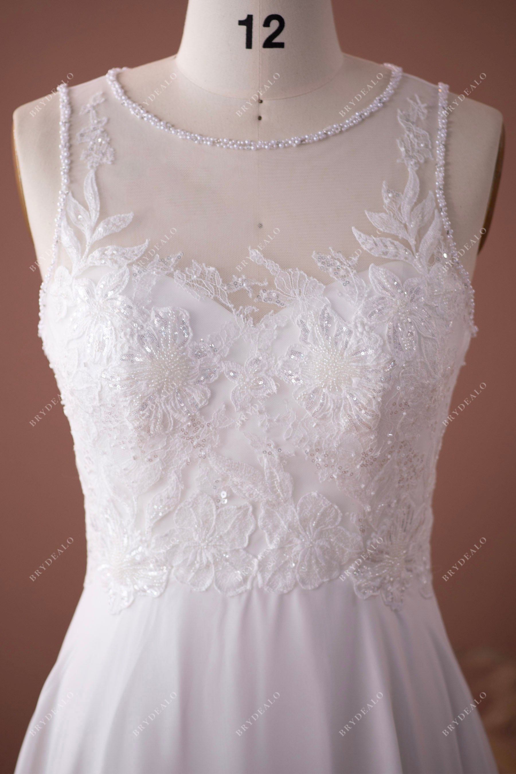 illusion beaded neck sleeveless lace wedding dress