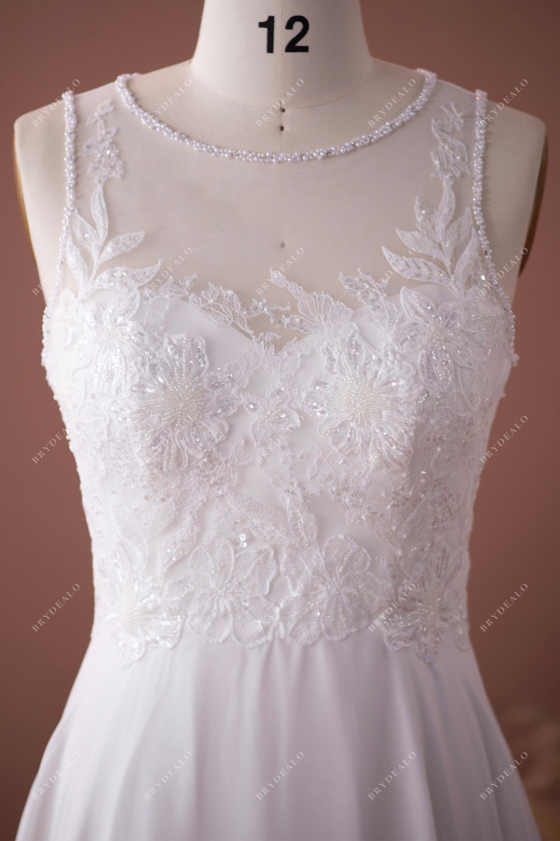 illusion beaded neck sleeveless lace wedding dress
