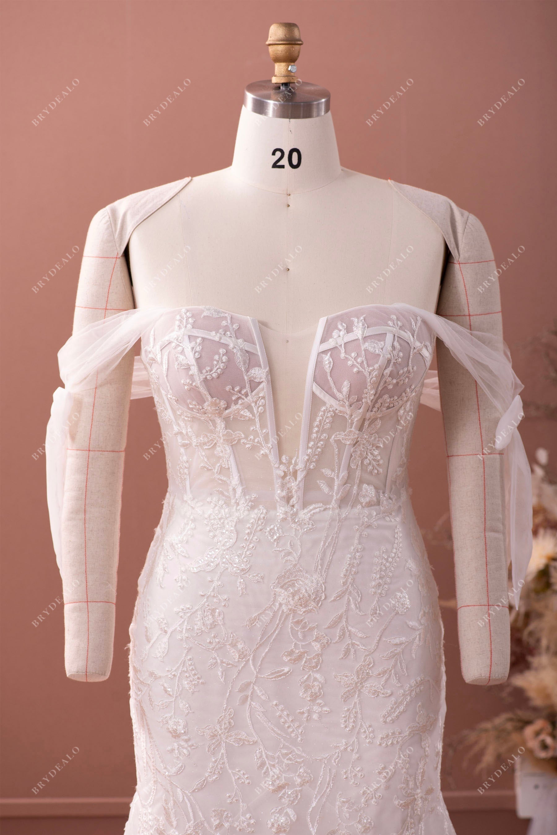sexy plunging neck illusion off shoulder corset bridal gown
