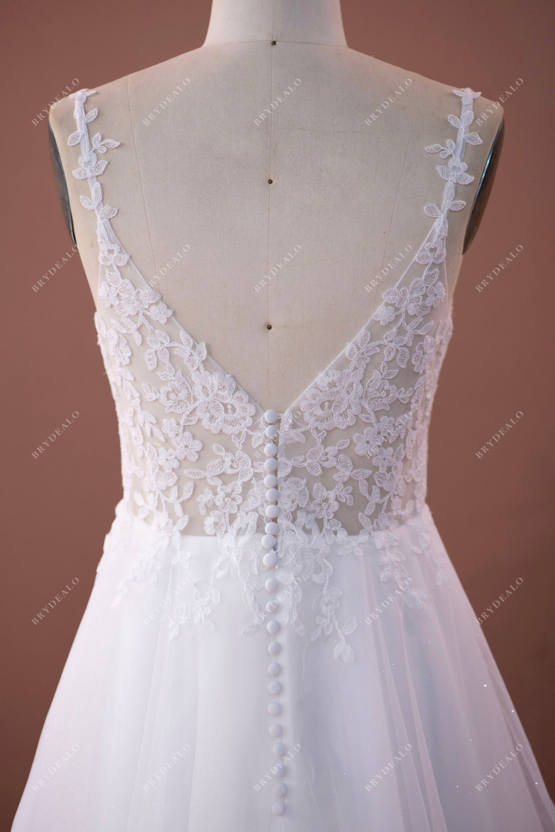 spaghetti straps illusion buttoned back beach wedding dress