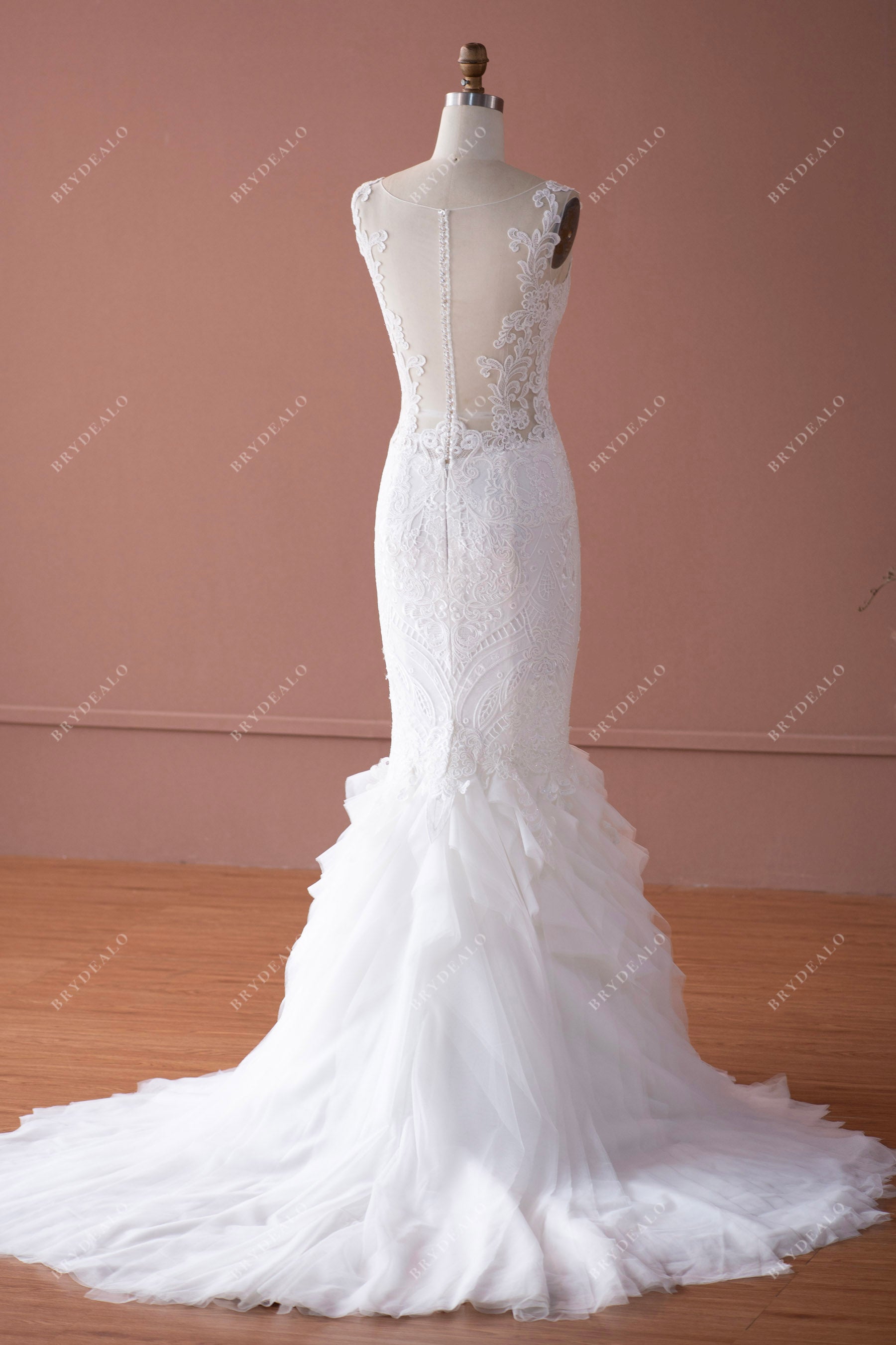 ruffled trumpet lace tulle designer bridal gown