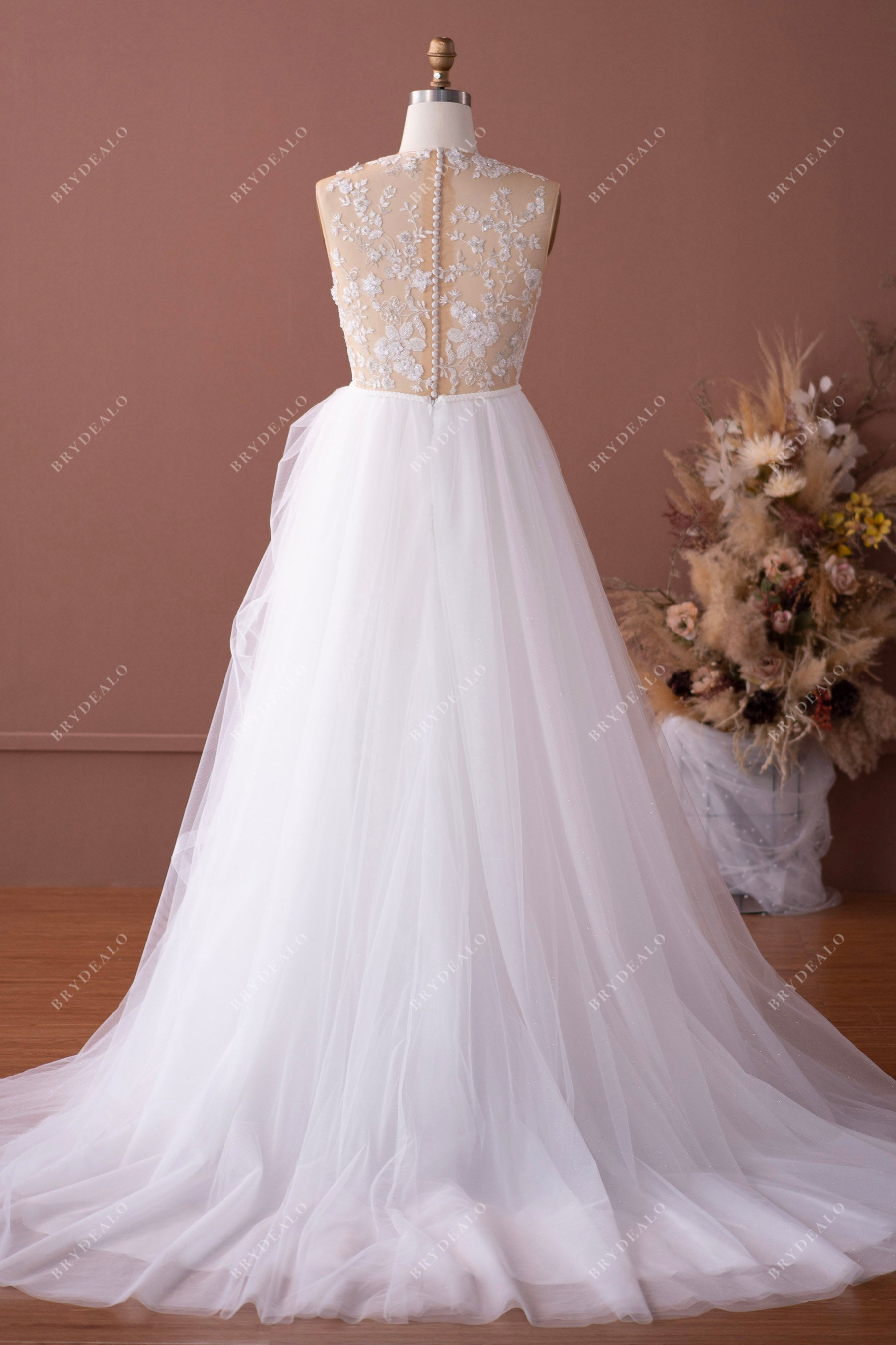 illusion buttoned back destination tulle wedding gown