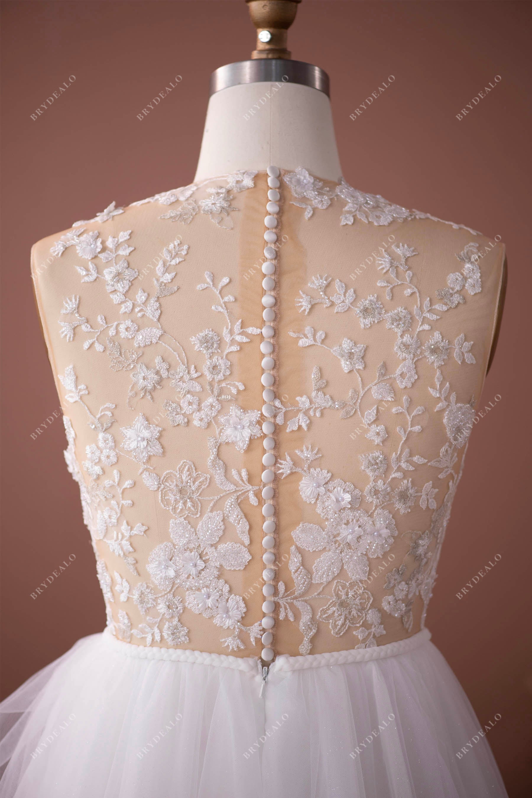 amazing illusion buttoned lace back wedding gown