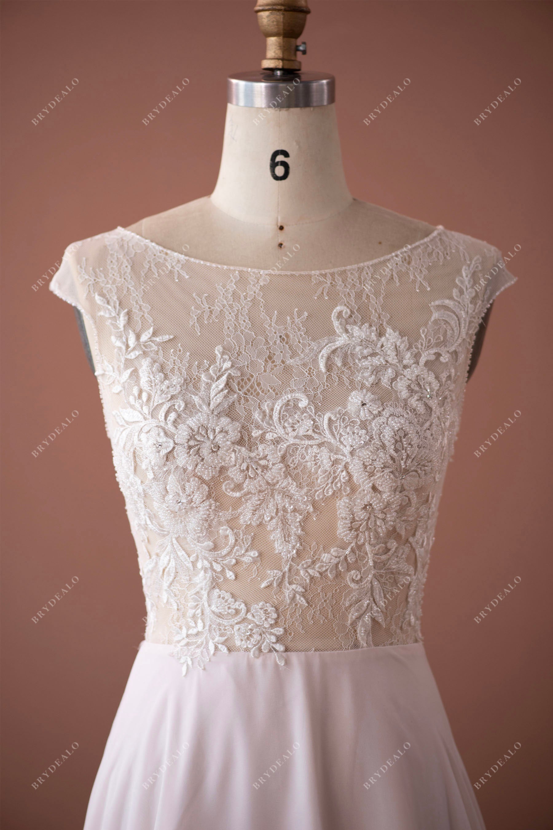 Bateau neck illusion cap sleeve lace A-line wedding dress