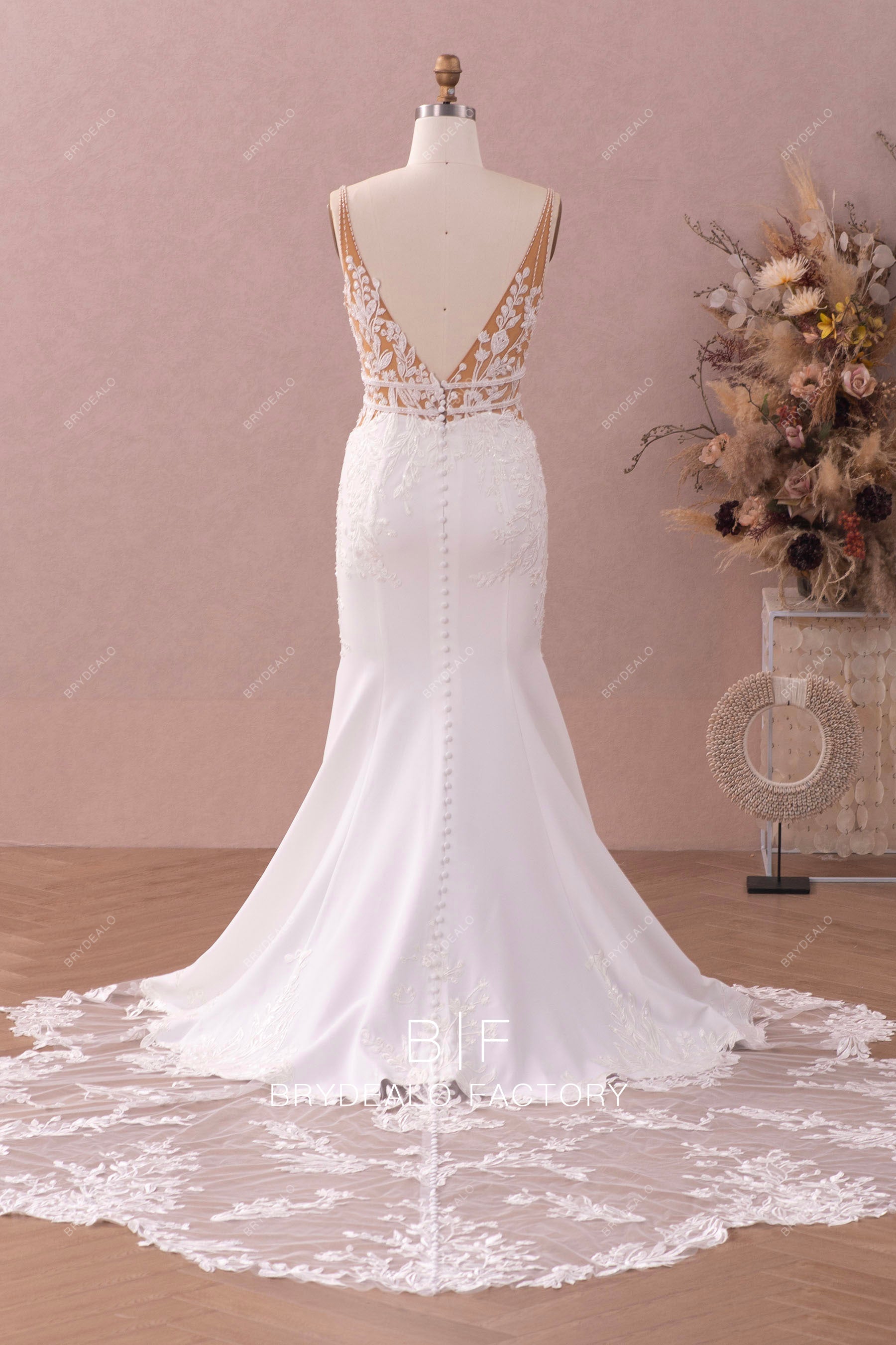 illusion lace cutout train crepe mermaid wedding dress