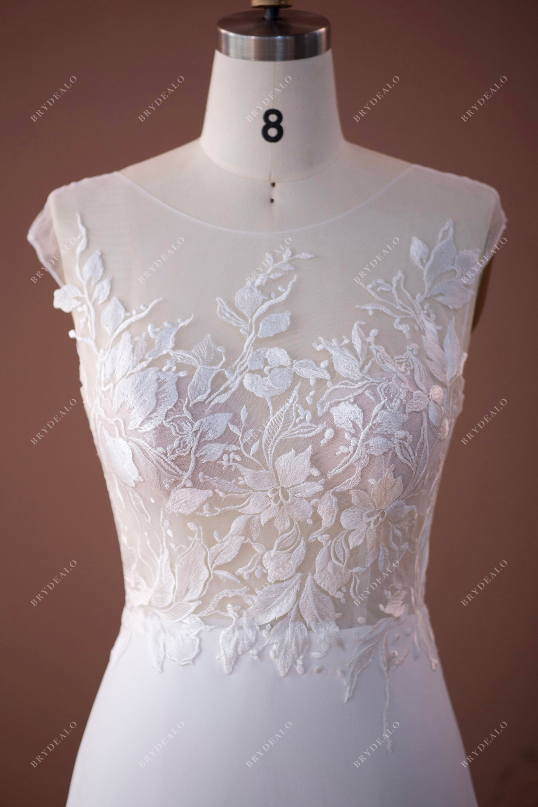 illusion cap sleeve crepe bridesmaid dress Long-Sleeve Crepe Gown with Illusion Lace Back 0 / Ivory (as pictured)