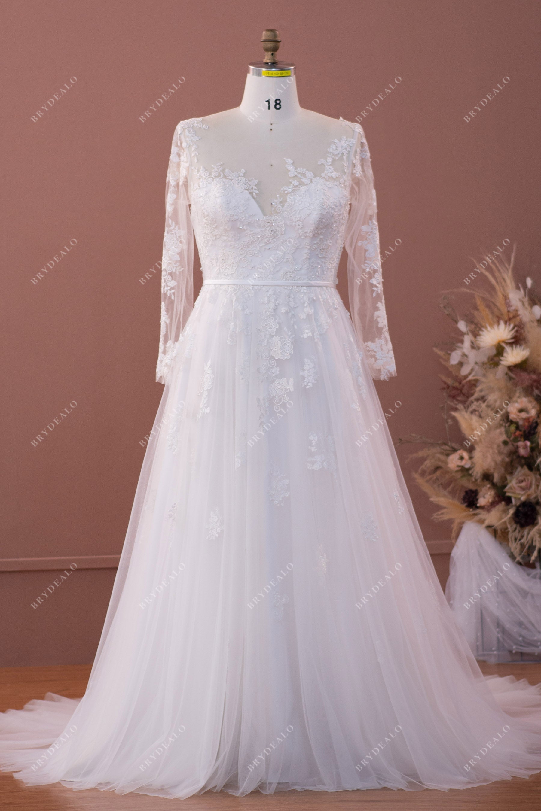 Designer Lace Plus Size Illusion Neck A-line Wedding Dress