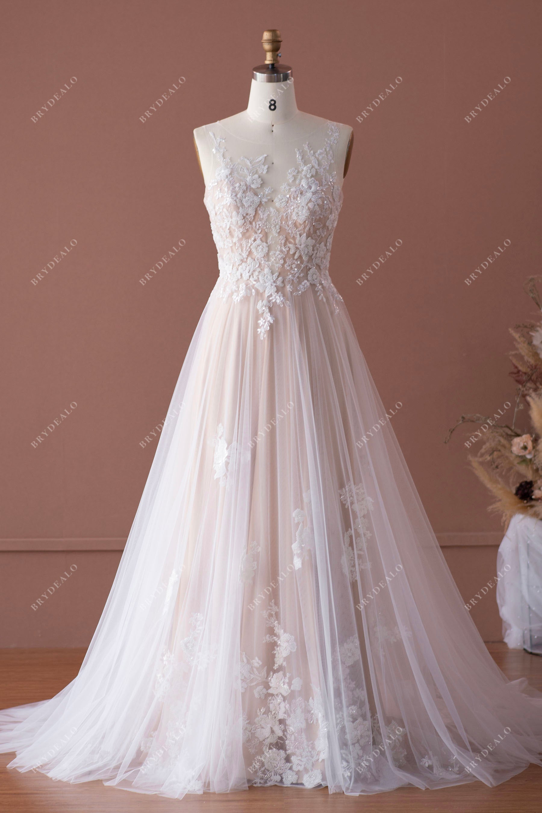 Romantic Lace Illusion Neck nude beige A-line Wedding Dress