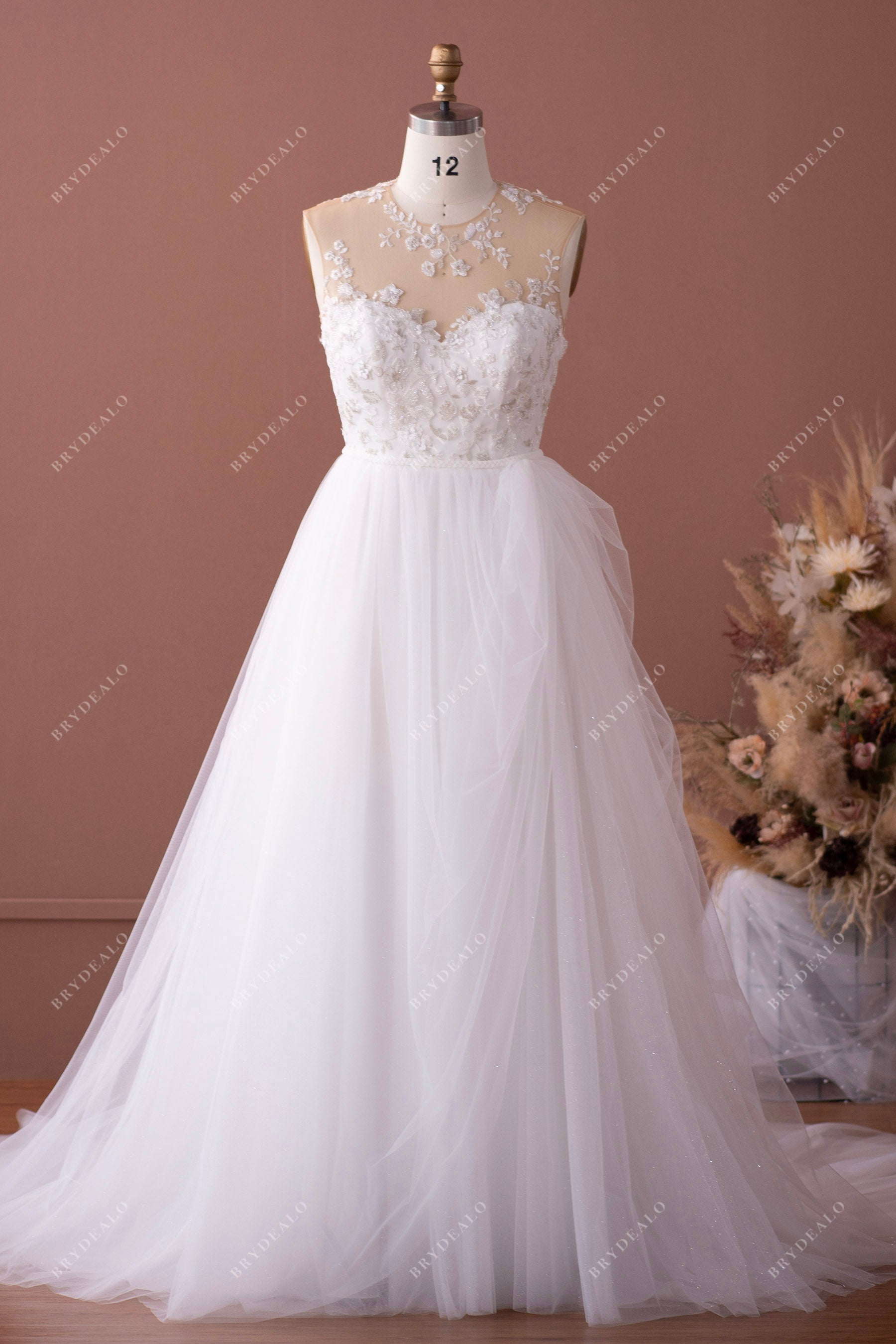 illusion neck romantic beaded lace A-line wedding dress