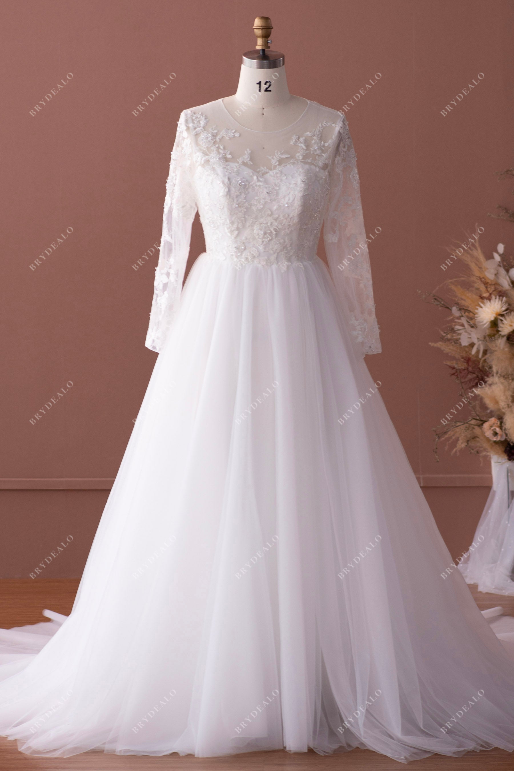 illusion neck beaded lace tulle modern wedding  gown