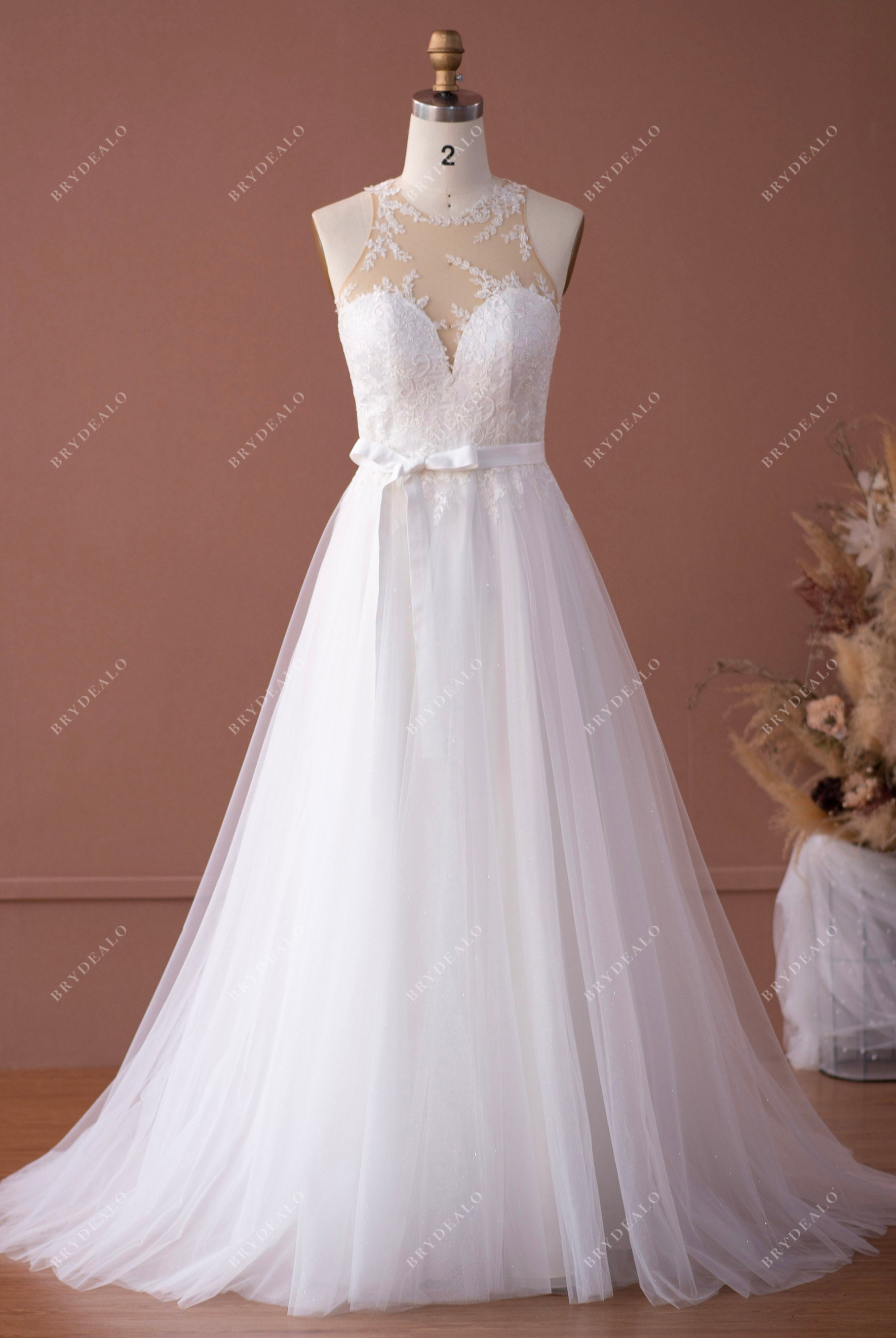elegant illusion neck lace tulle A-line wedding dress