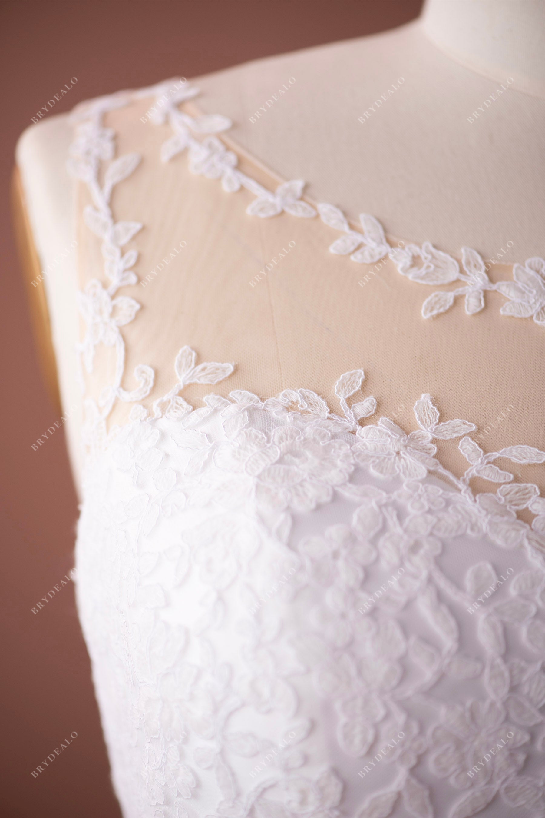 graceful illusion neck lace appliqued wedding gown