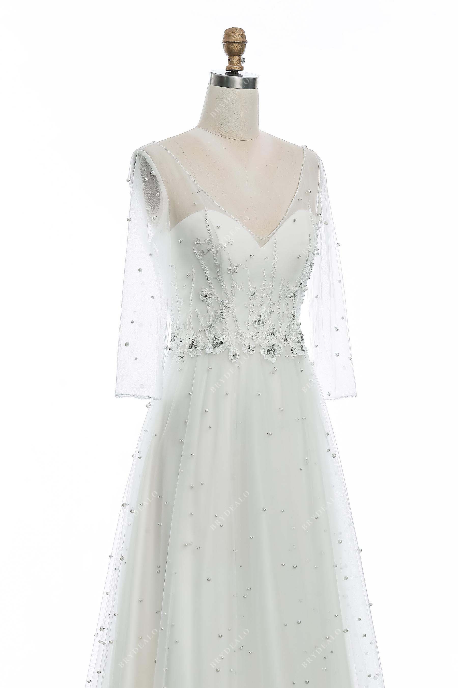stylish illusion V-neck sheer sleeves bridal dress