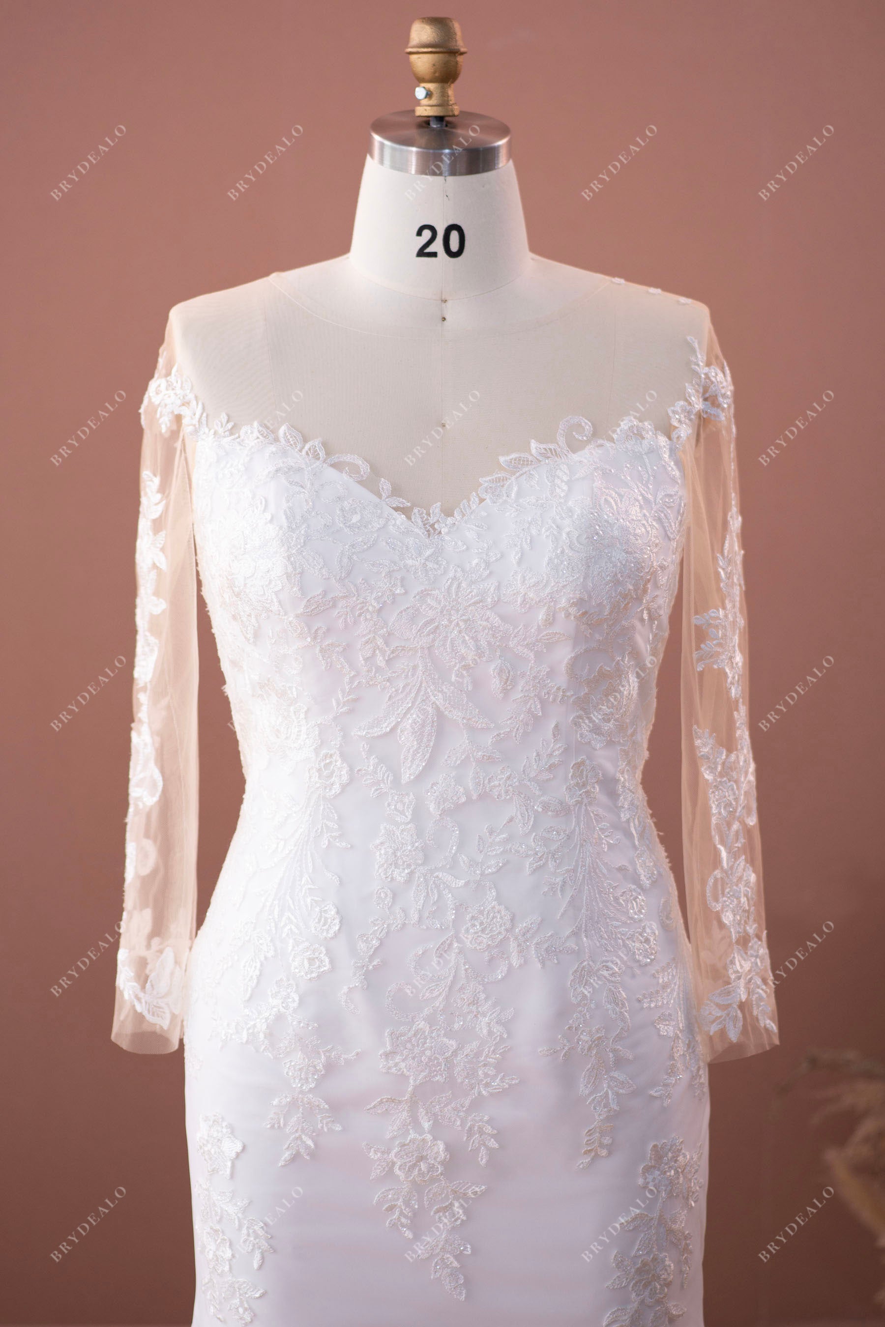 elegant sheer sleeves illusion neck lace bridal gown