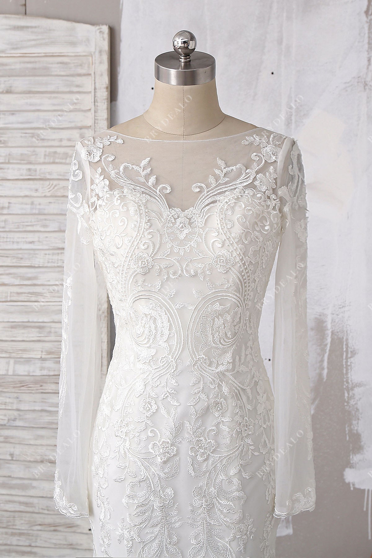 illusion neck long sleeves spring wedding dress