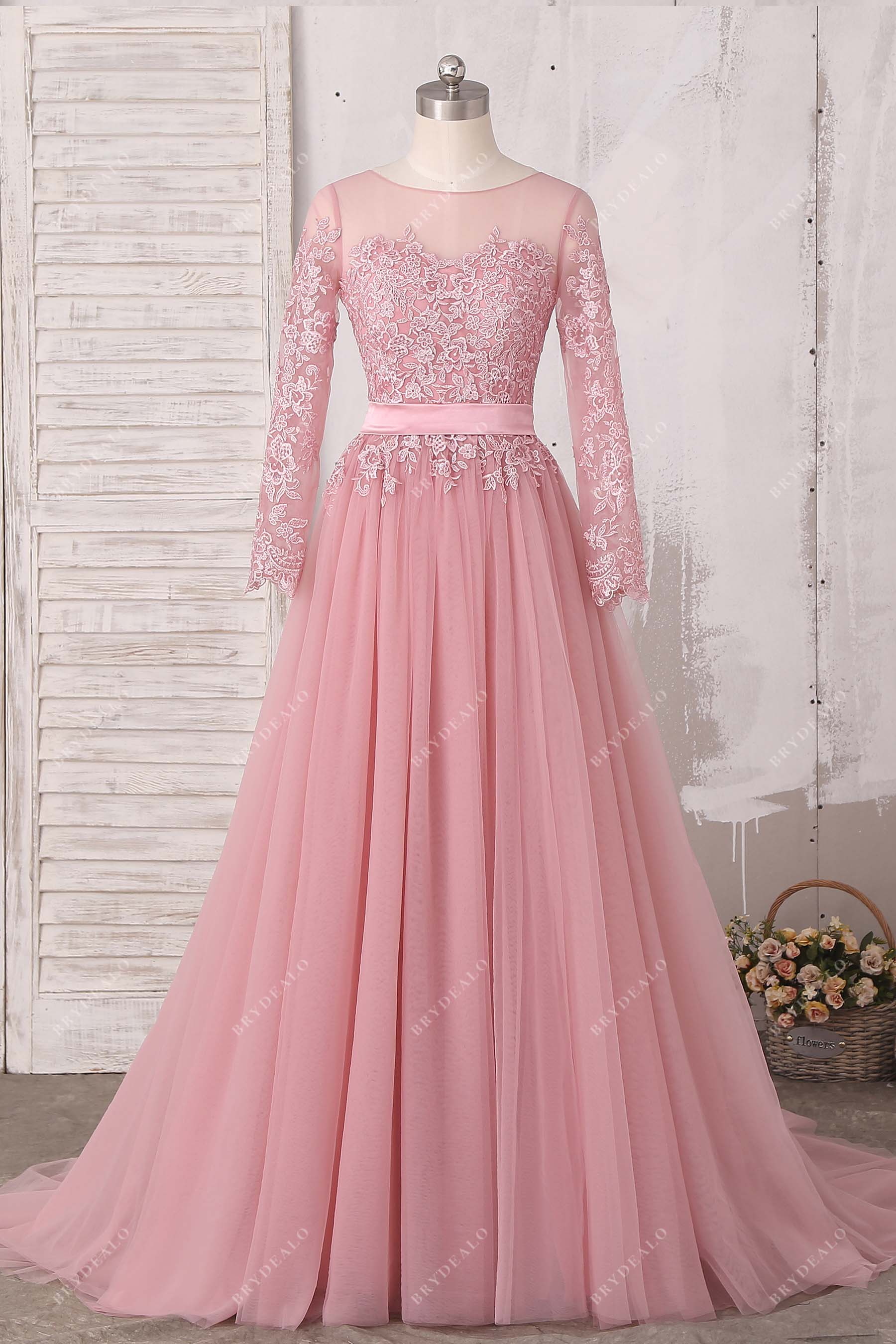 Illusion Lace Dusty Pink Tulle Long Sleeves A-line Wedding Dress