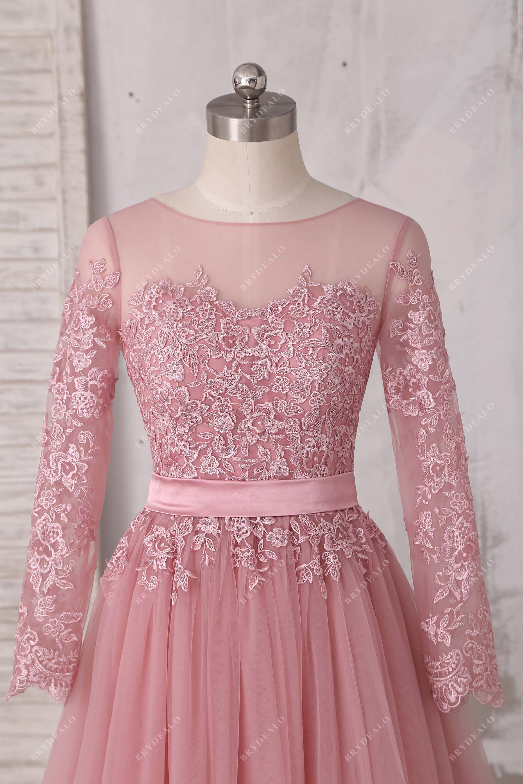 illusion sheer sleeves lace prom gown