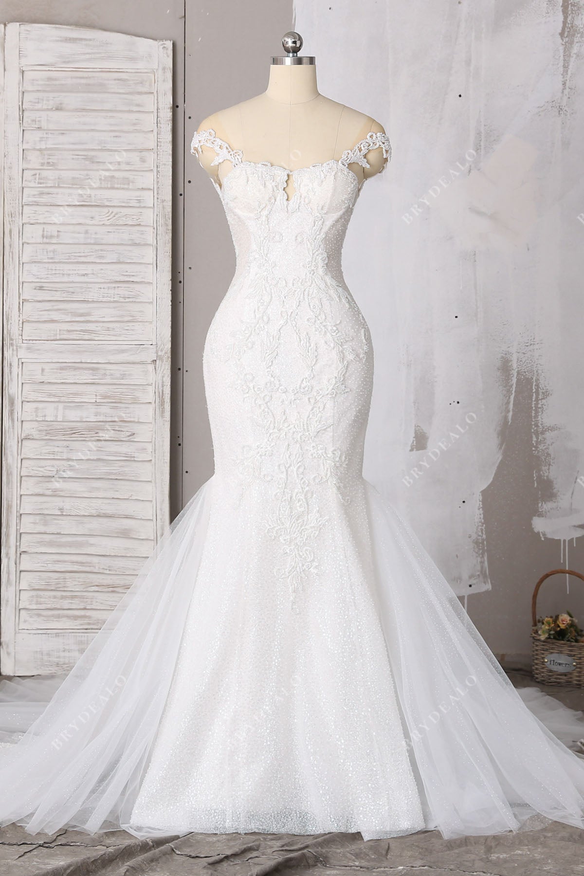 luxury beaded lace illusion off-shoulder trumpet bridal gown