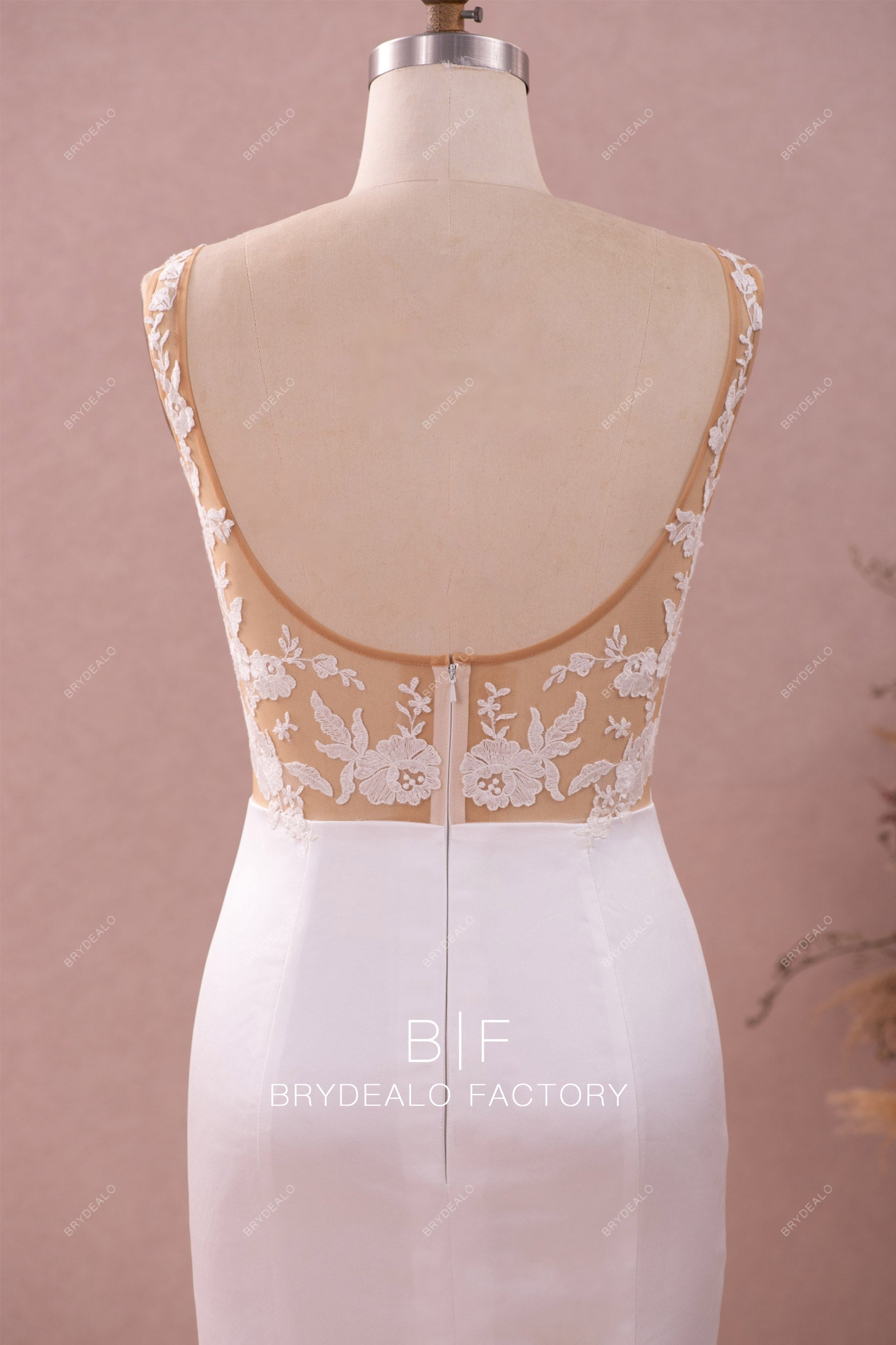 stylish U shaped back sheer lace bridal gown