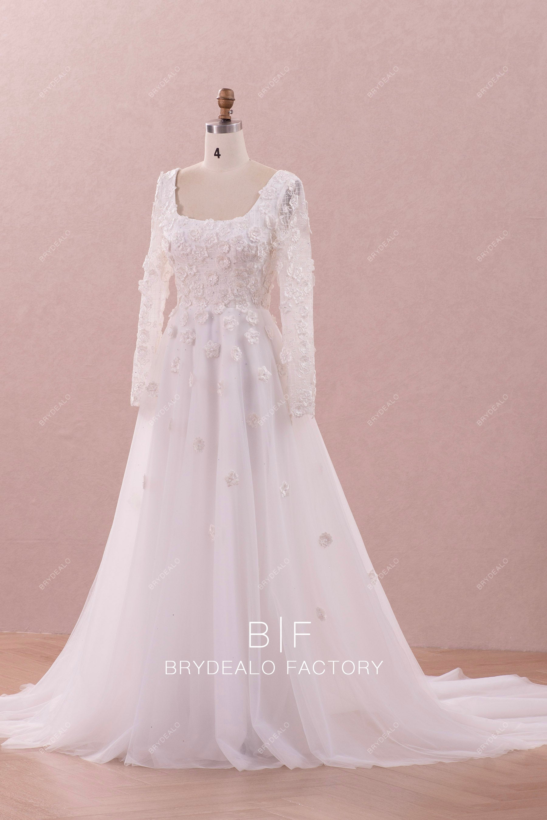 illusion sleeve romantic 3D  flower lace bridal gown