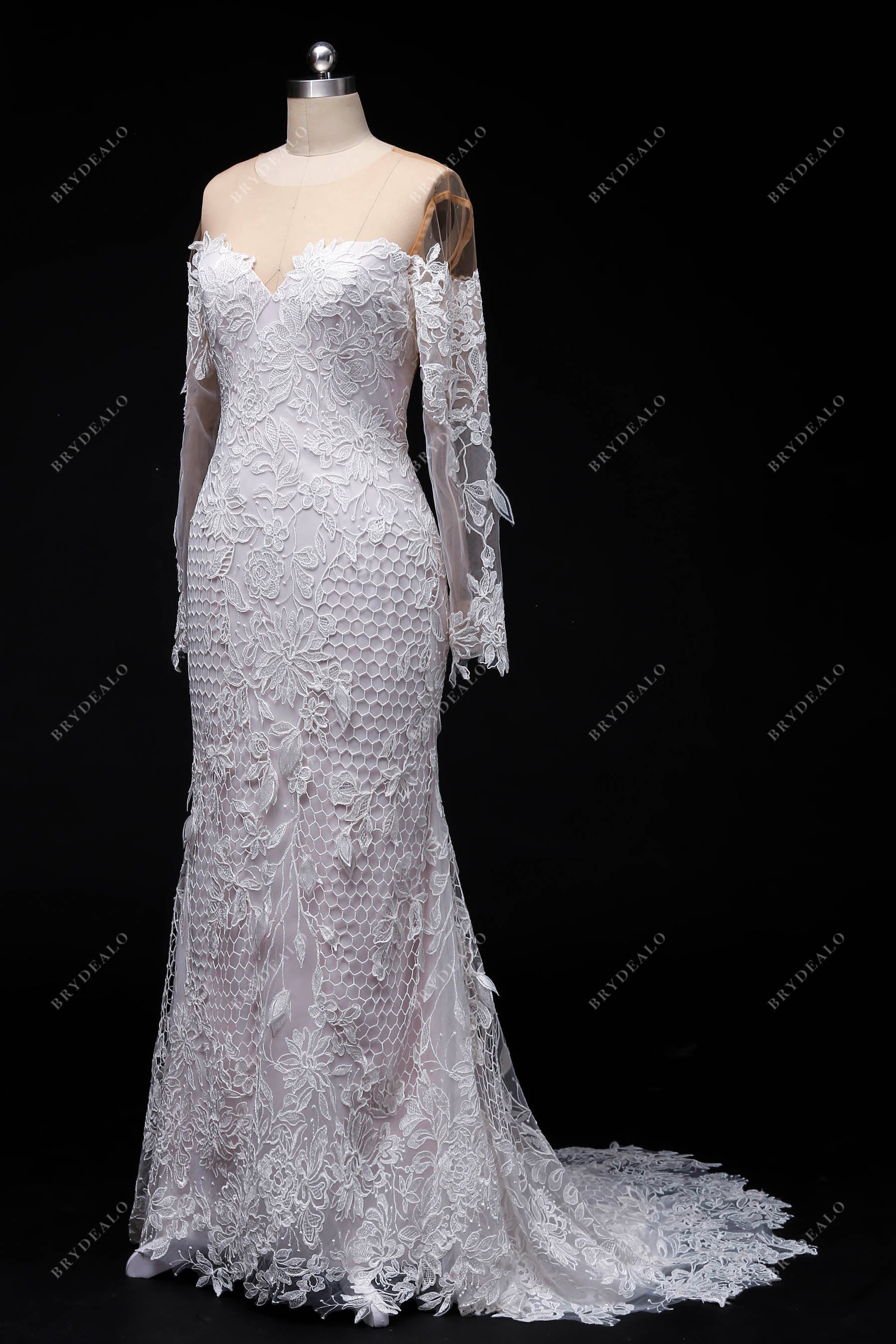 sheer sleeve rustic mermaid wedding dress
