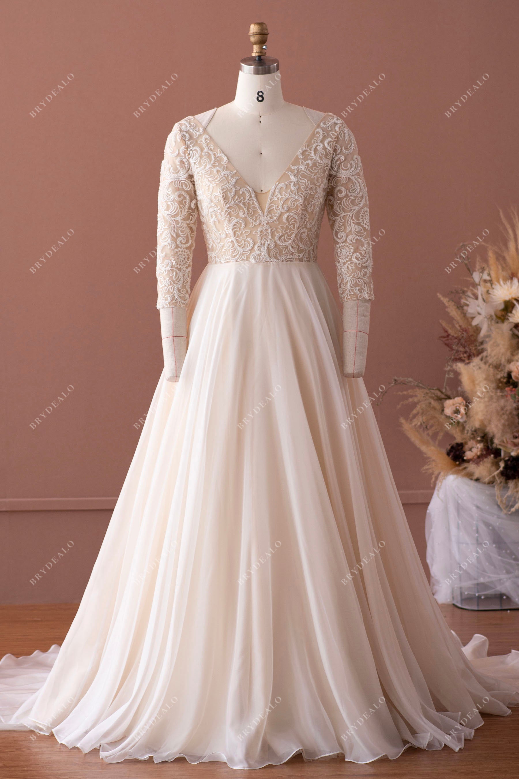 V-neck illusion sleeved beaded lace organza wedding dress