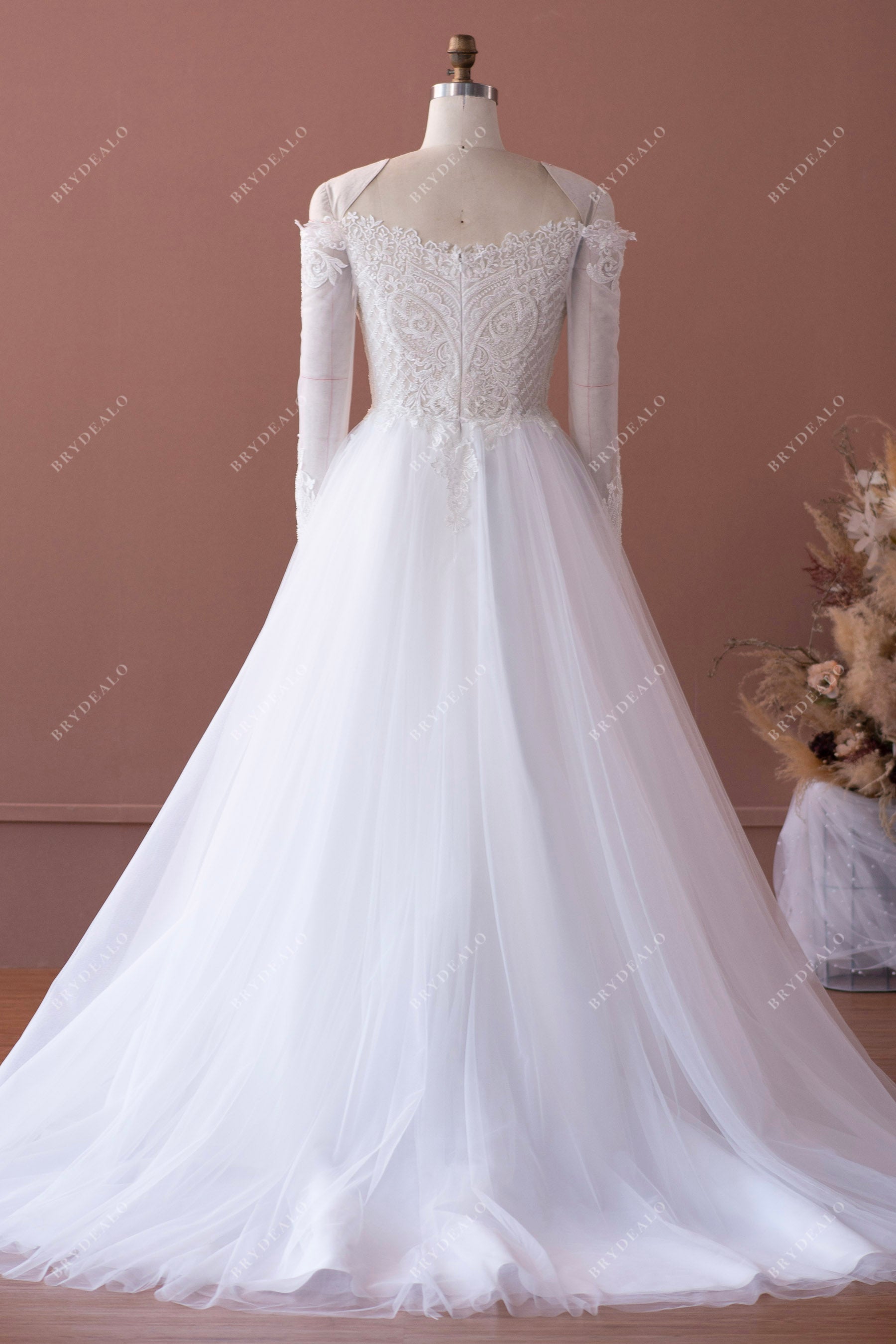 off shoulder illusion back destination bridal gown
