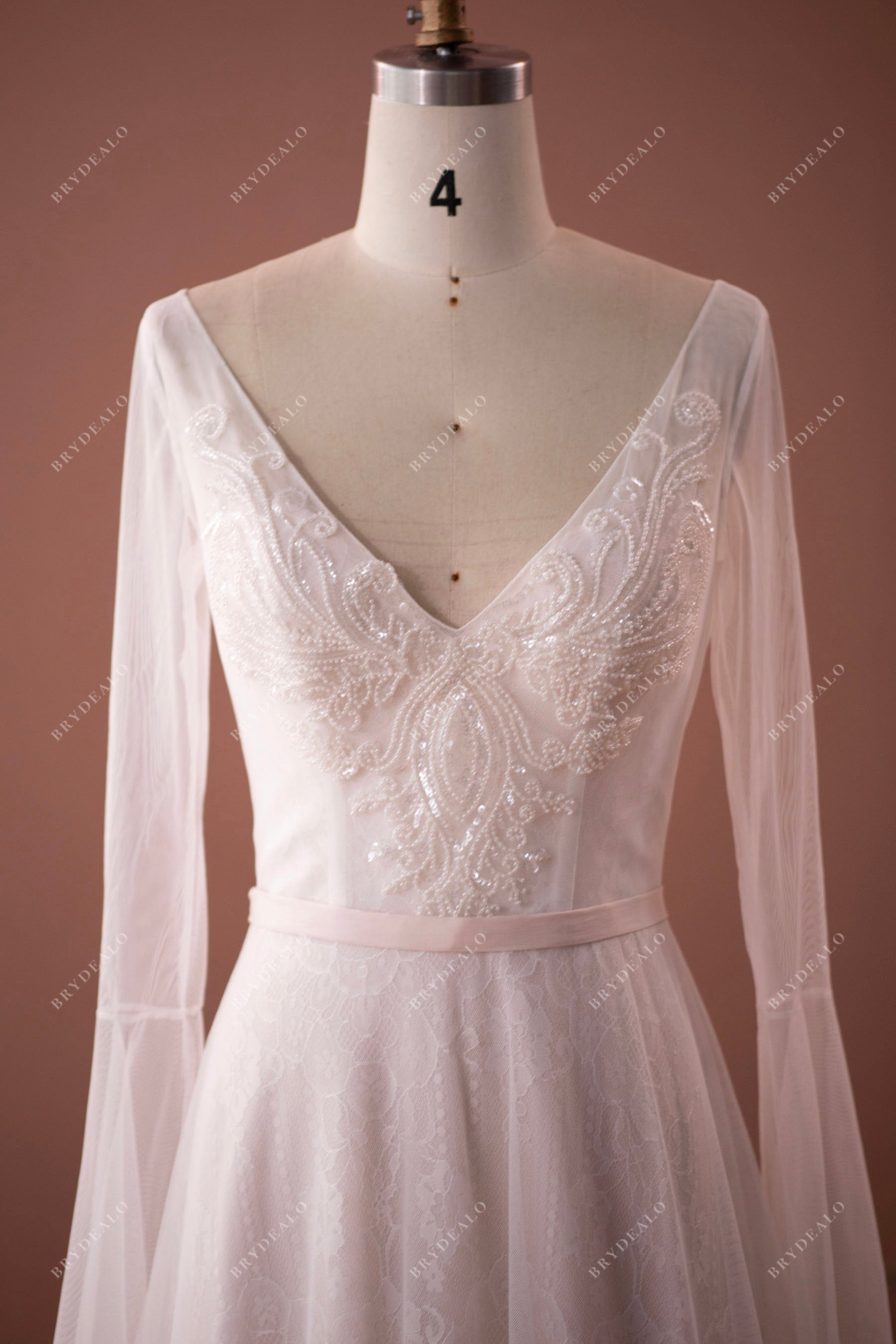 V-Neck Illusion Sleeved Tulle Boho Wedding Dress