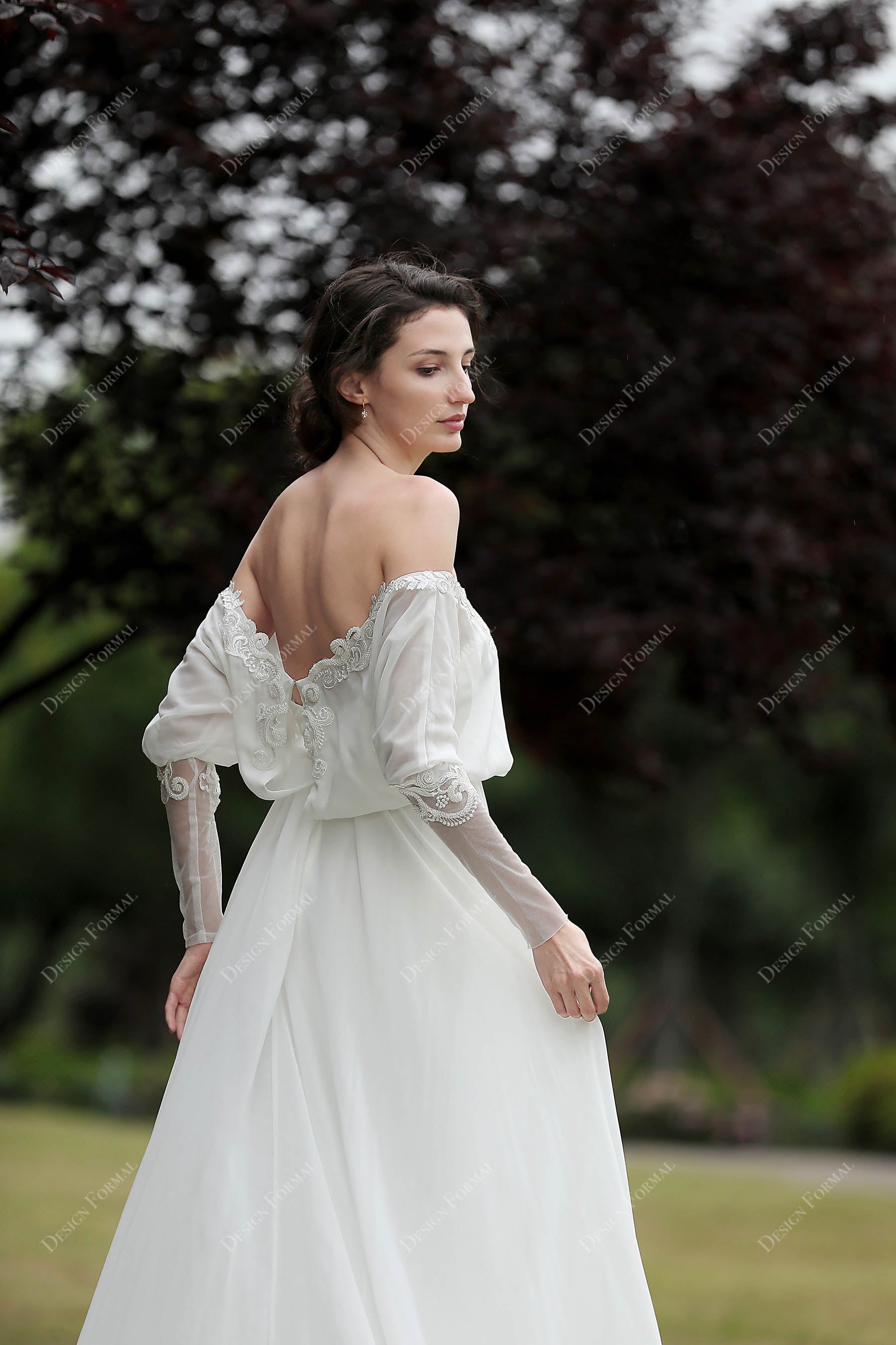 Open Back Illusion Sleeves Off Shoulder Bridal Dress