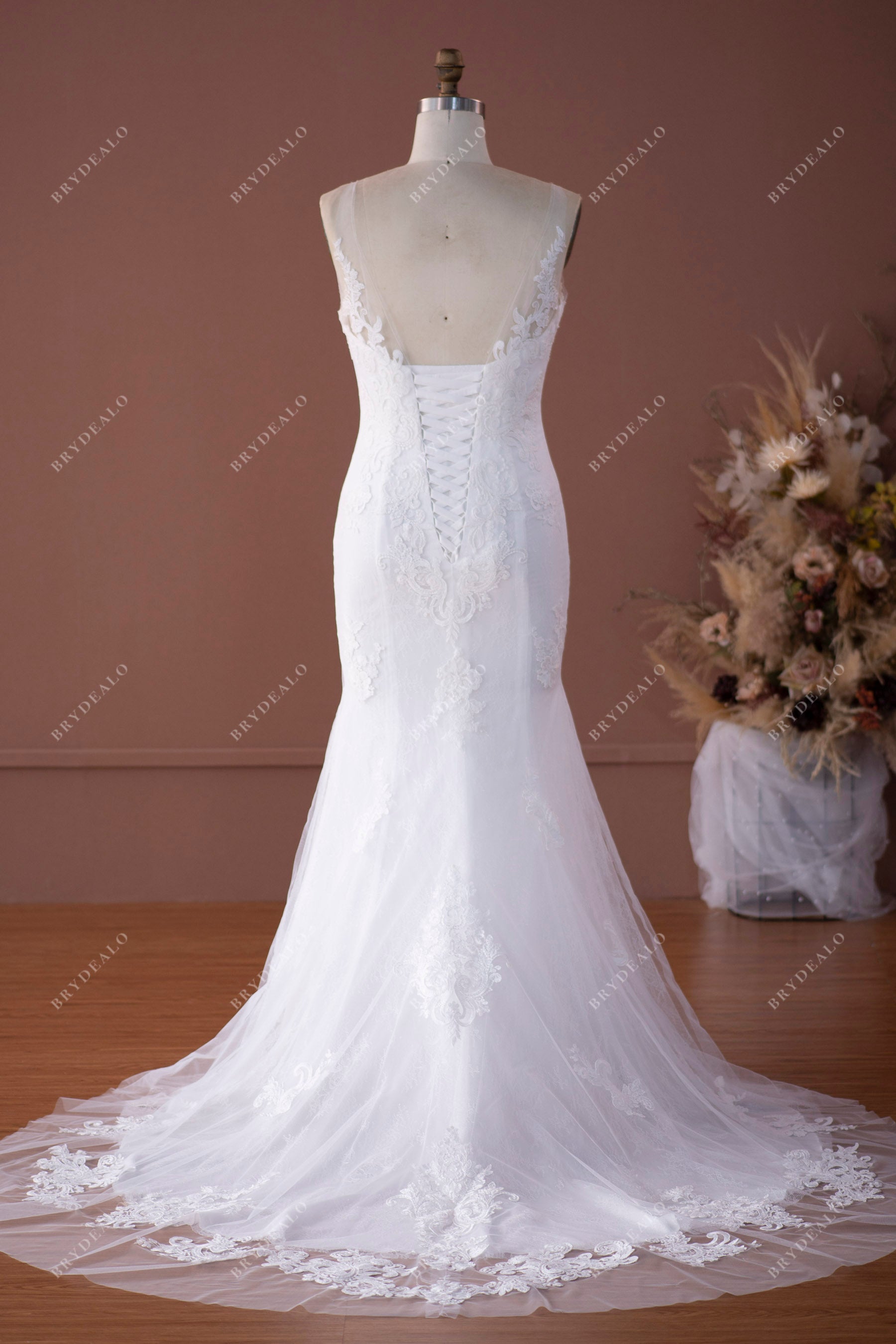 chapel train lace mermaid bridal gown