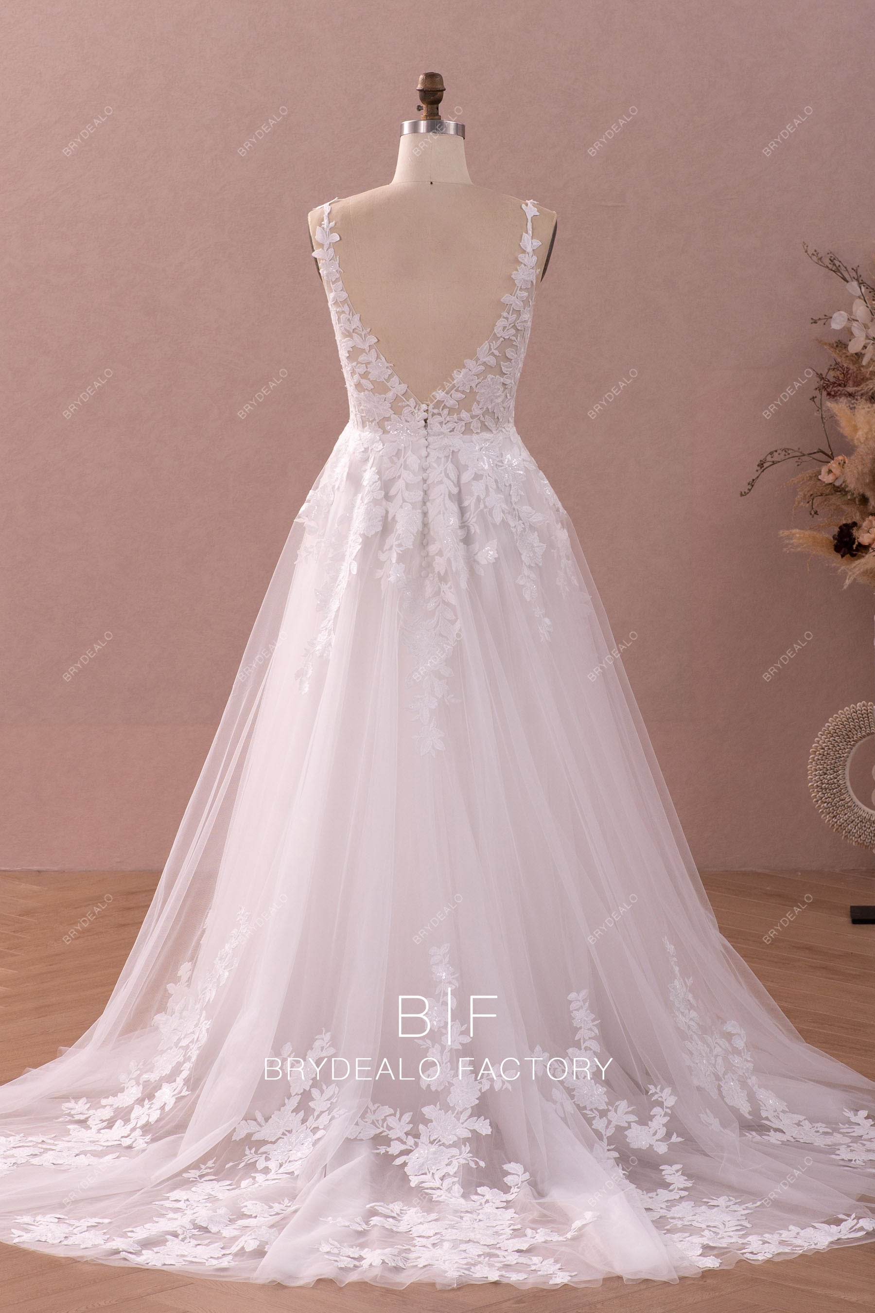 floral lace open back bridal ball gown