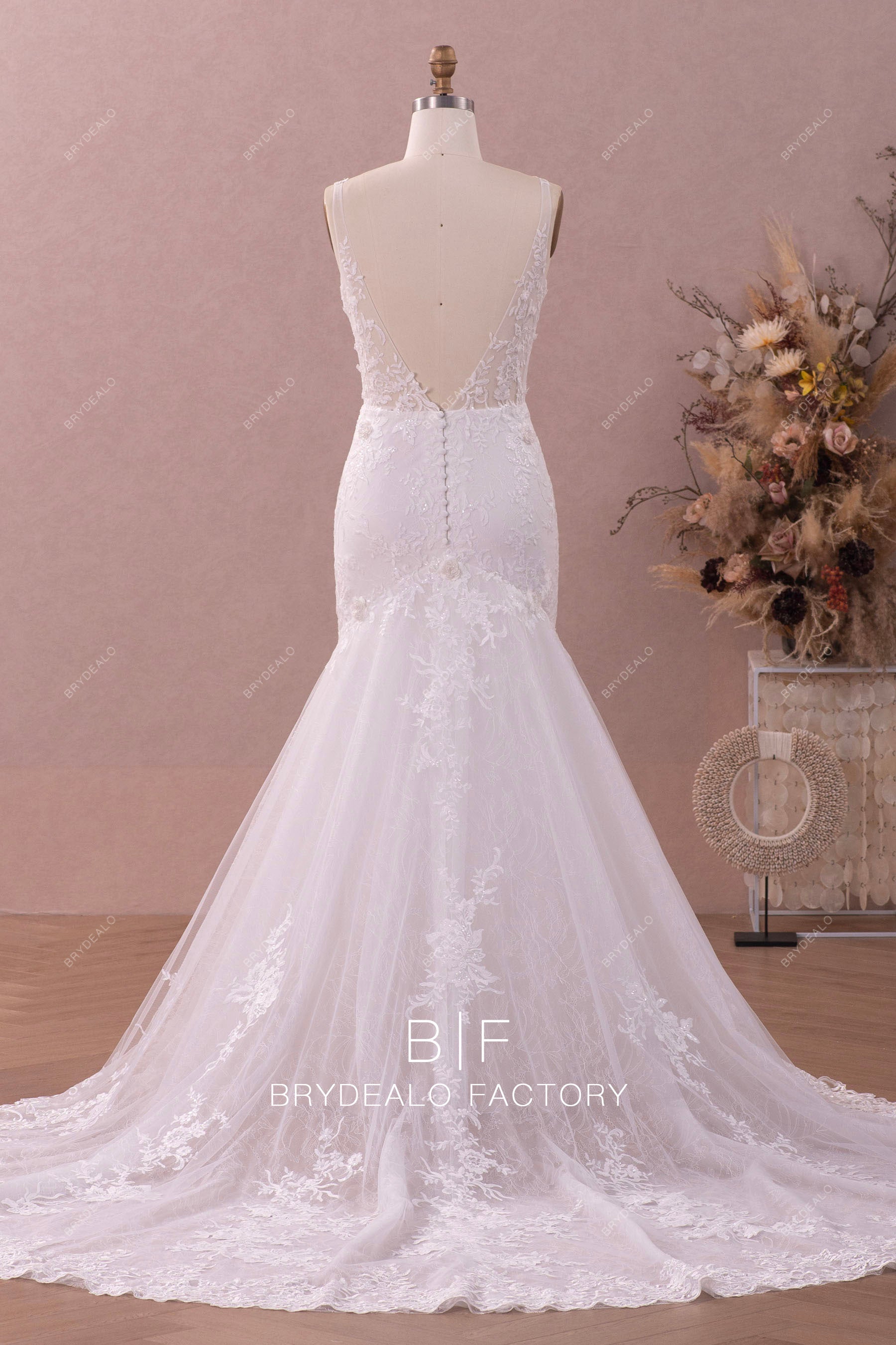 illusion v-cut back court train wedding gown