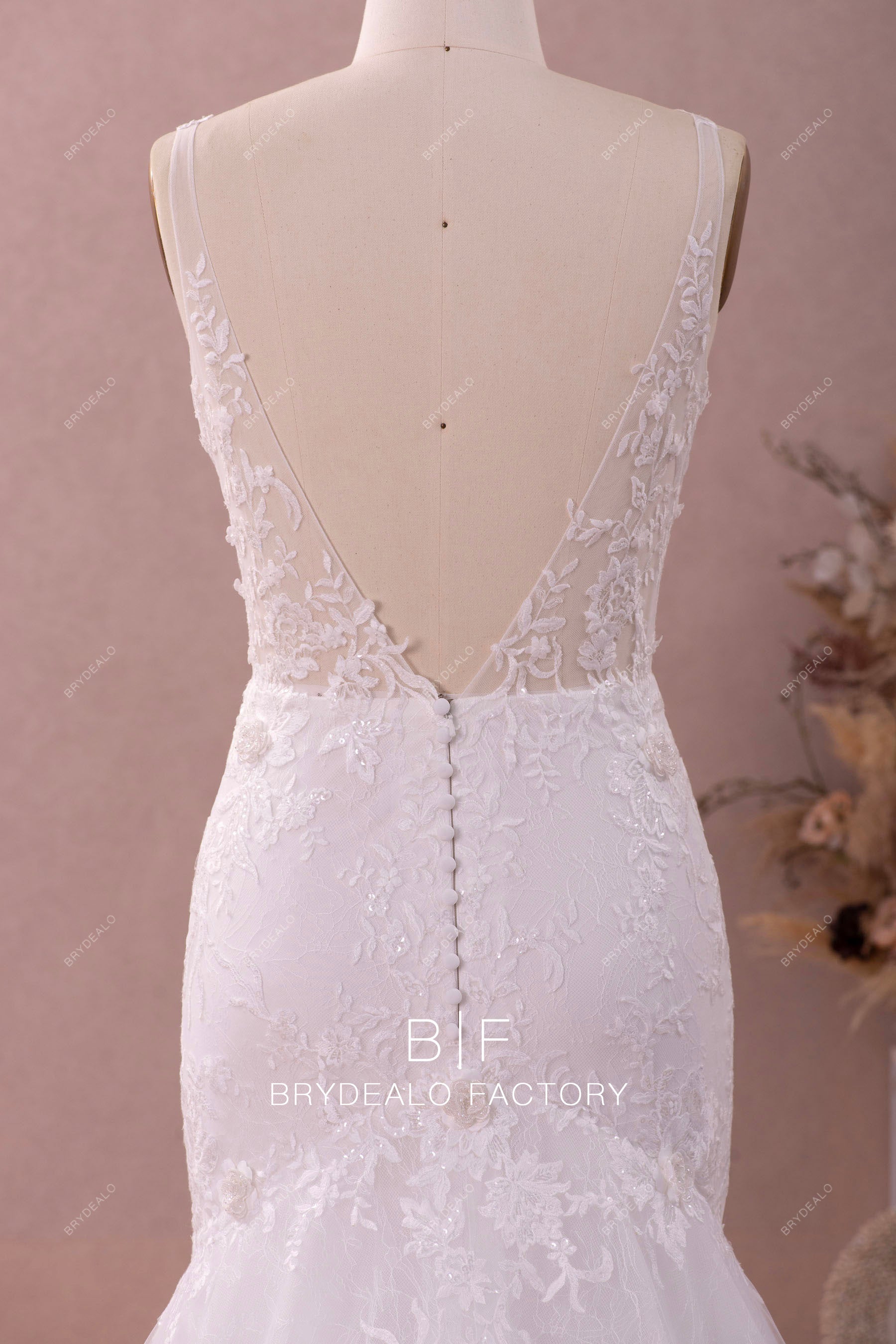 sheer v back buttoned lace mermaid bridal gown