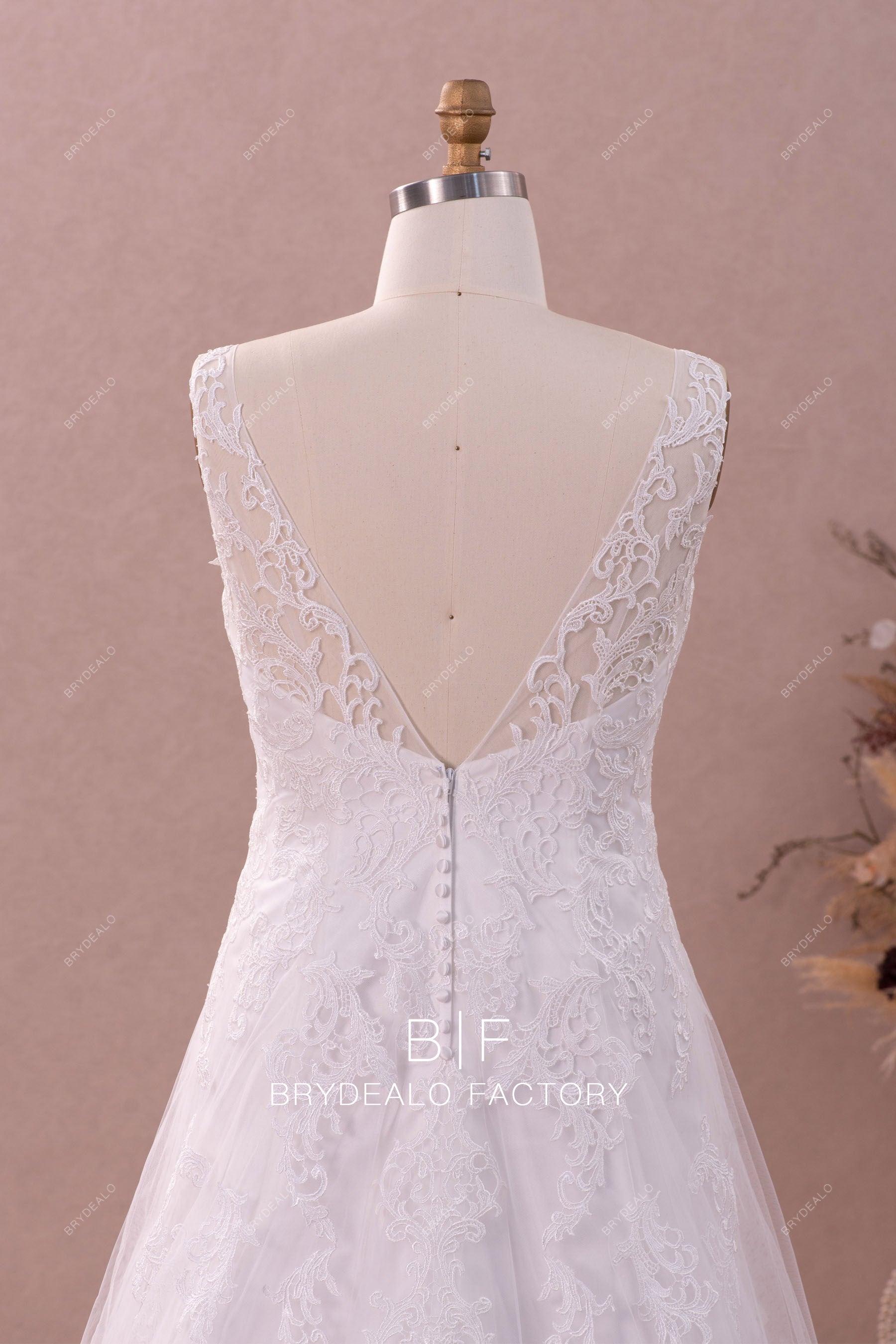 illusion v-cut lace back modest wedding gown