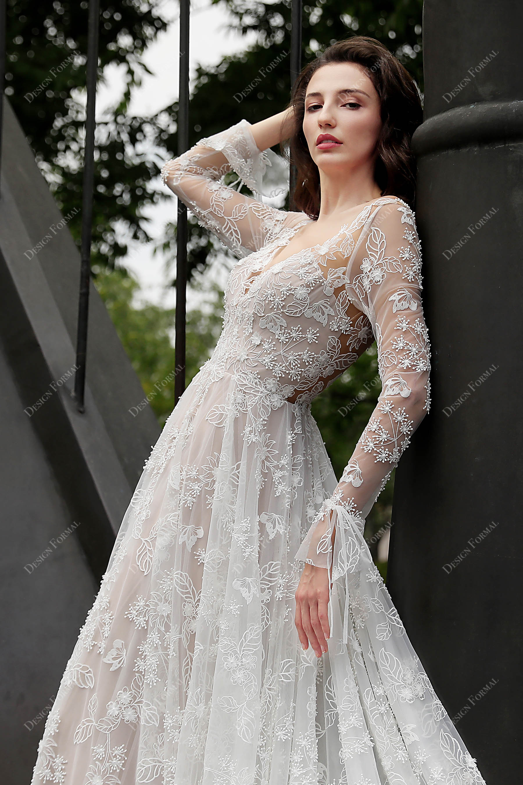 ivory lace flower long sleeve bridal dress