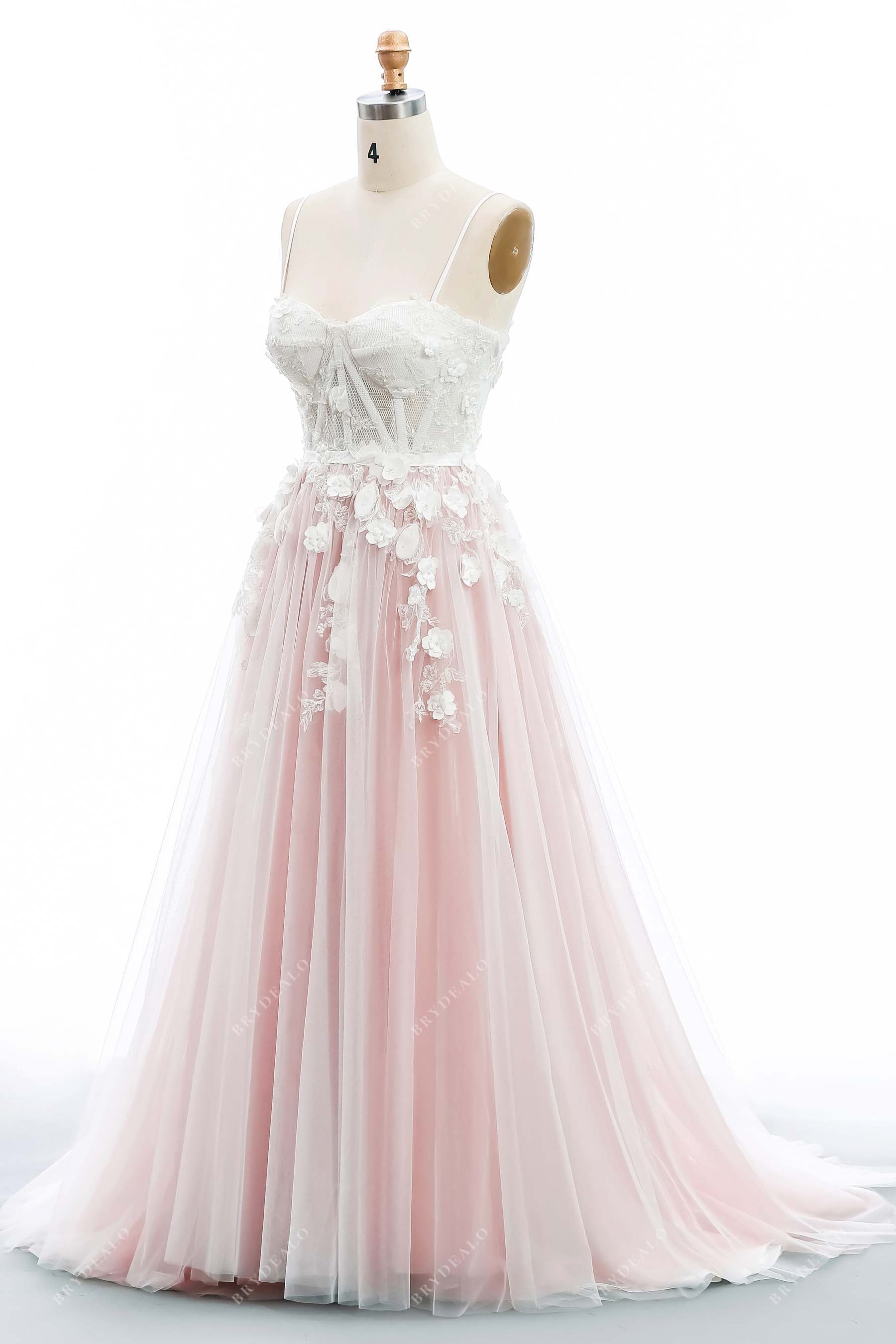 designer 3D floral lace A-line pink colored wedding gown