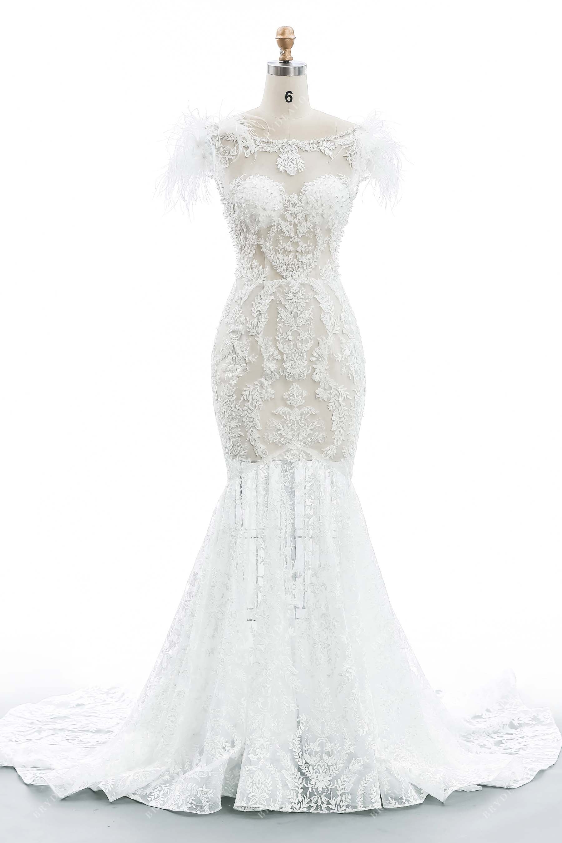Lace Pearls Feather Sheer Designer Mermaid Wedding Dress