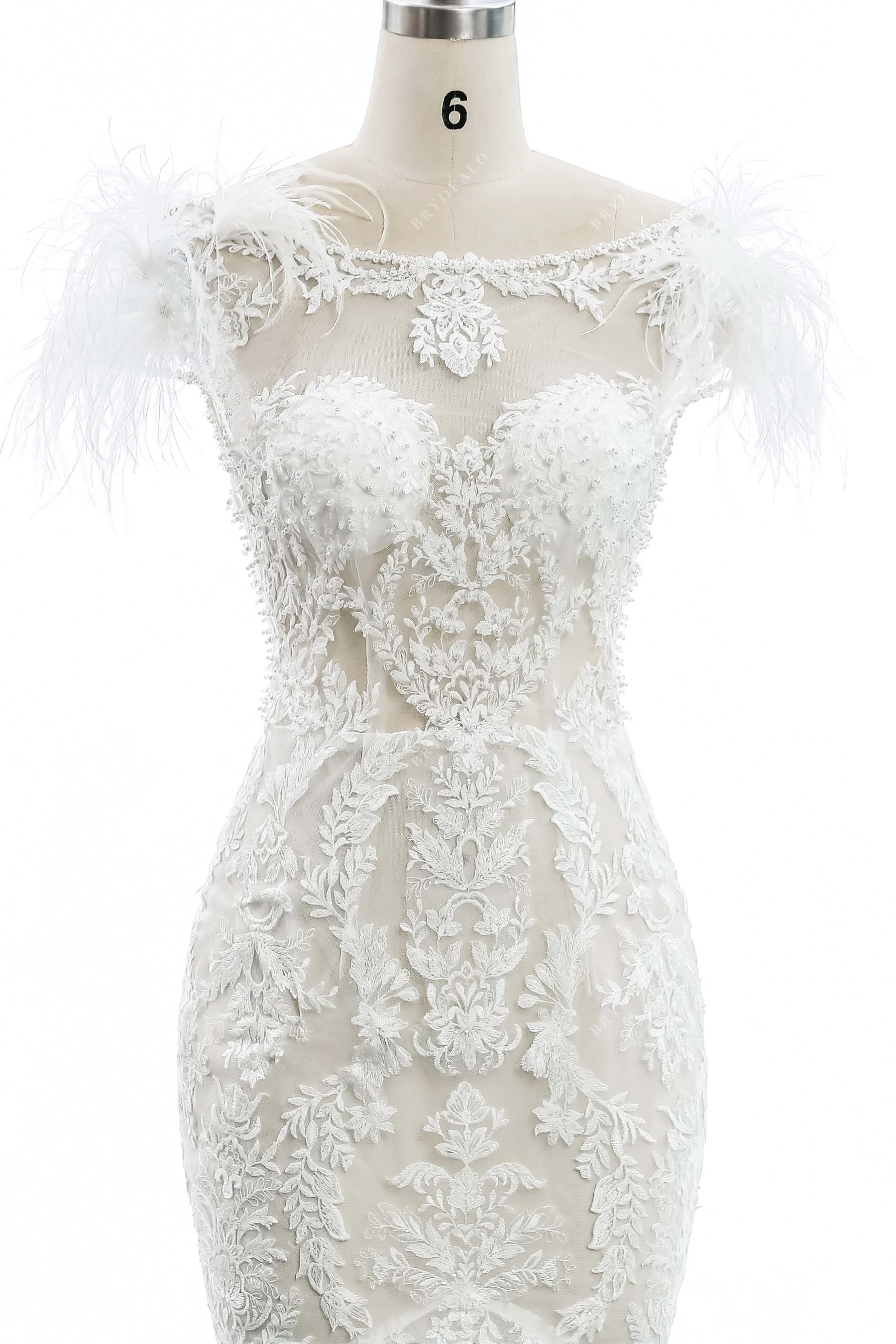 designer boat neck lace feather mermaid dress