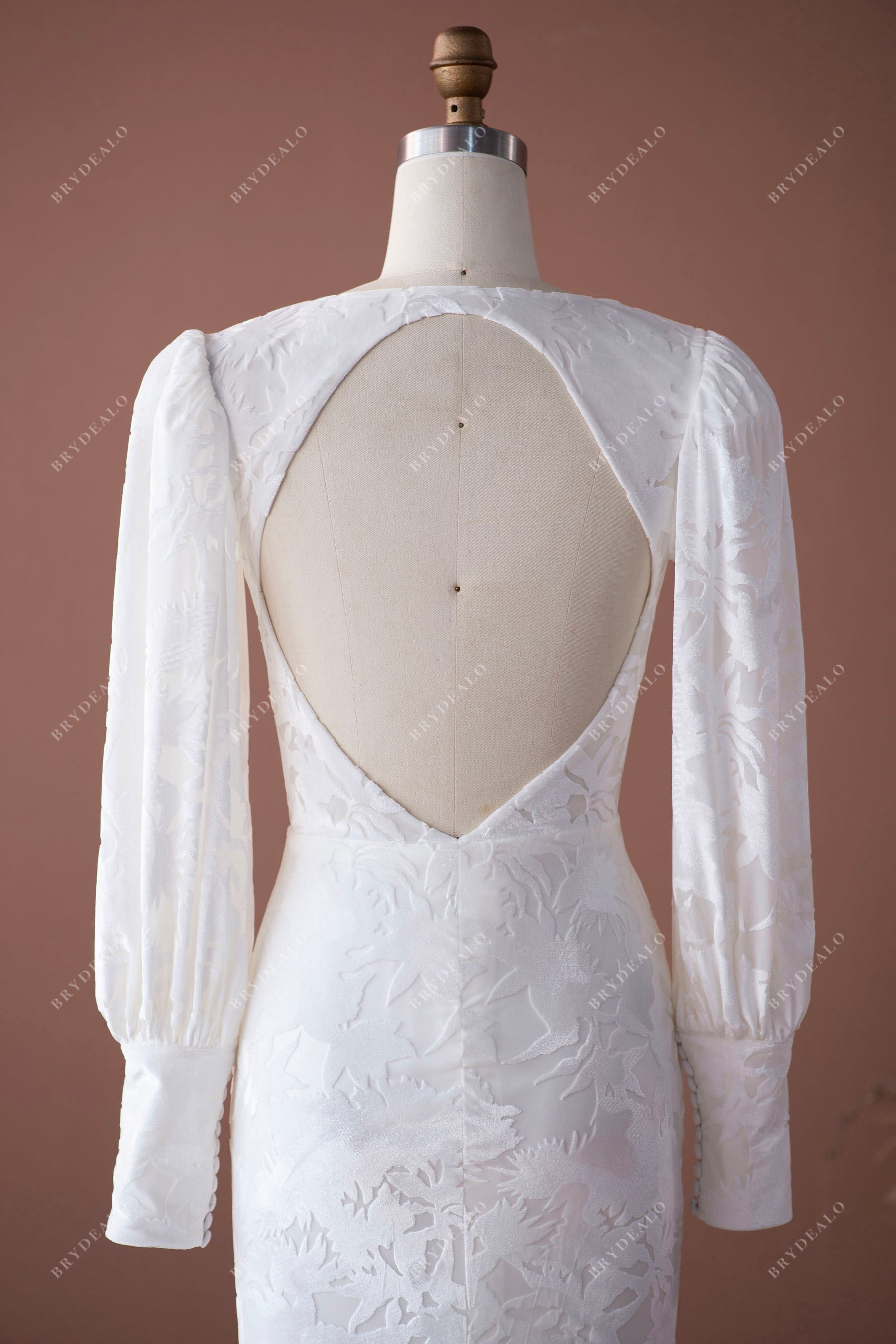 cutout back long sleeve velvet fall city wedding dress